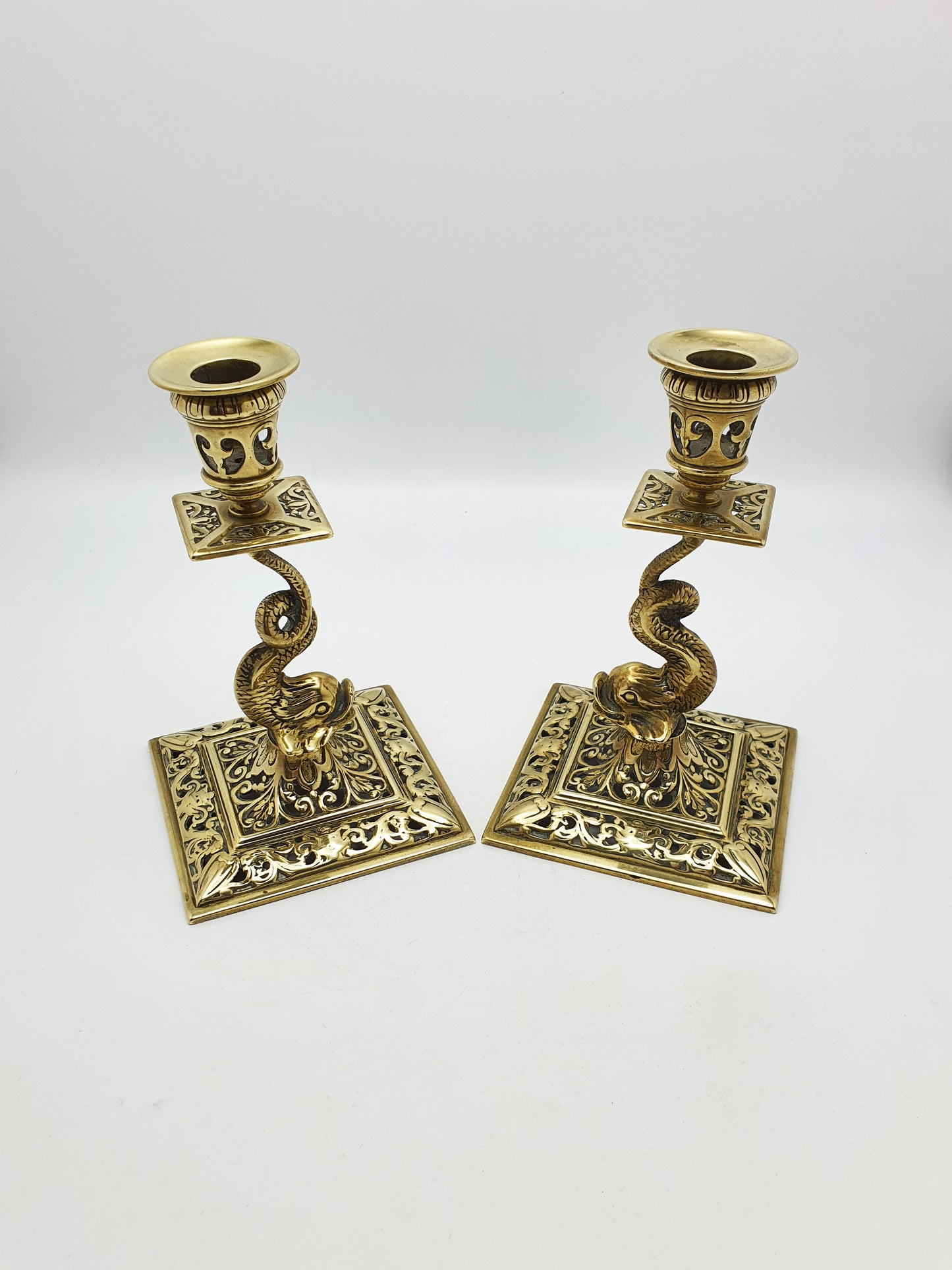 Nice Pair of Victorian Brass Dolphin Candlesticks - 1890