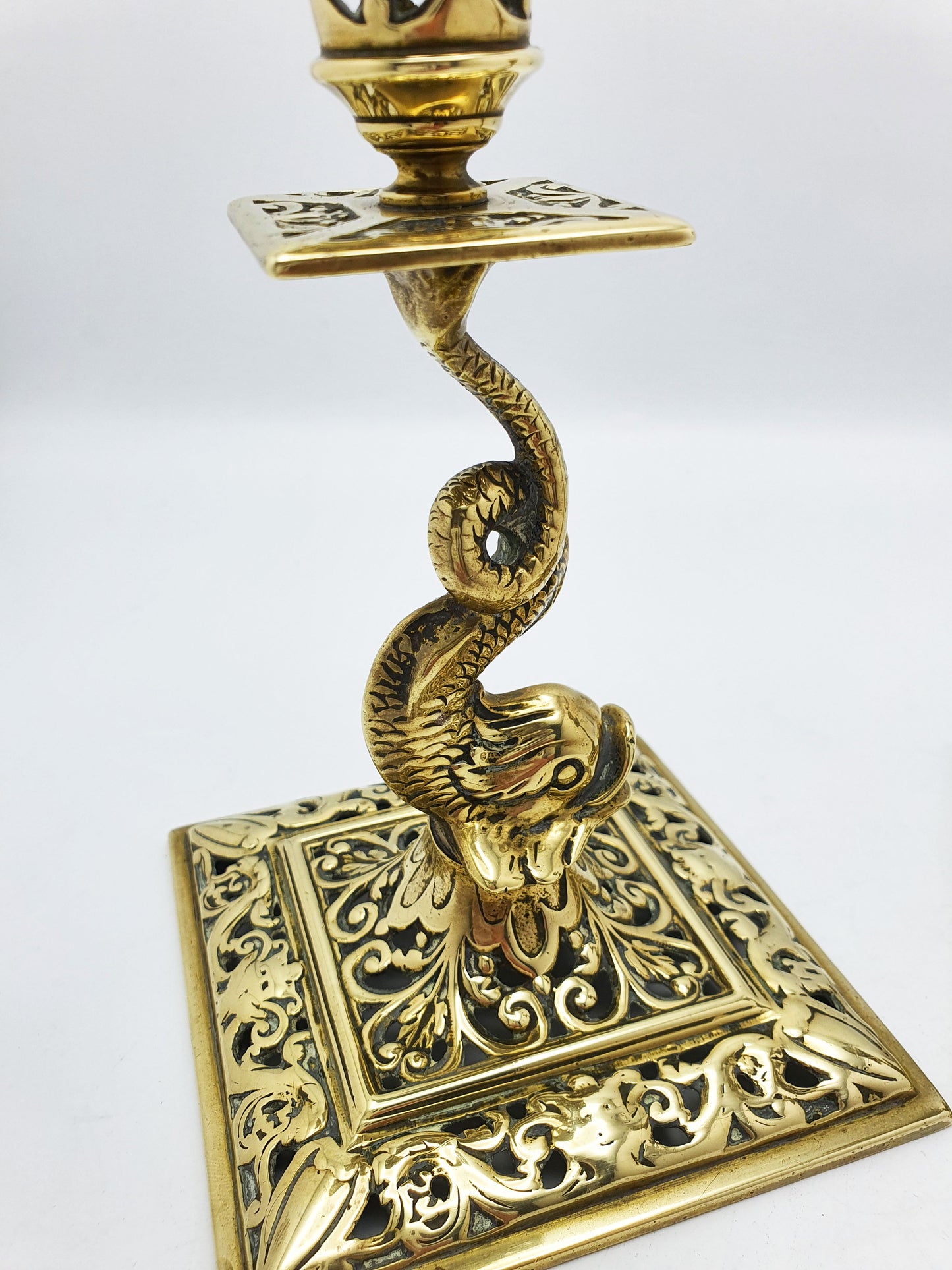 Nice Pair of Victorian Brass Dolphin Candlesticks - 1890