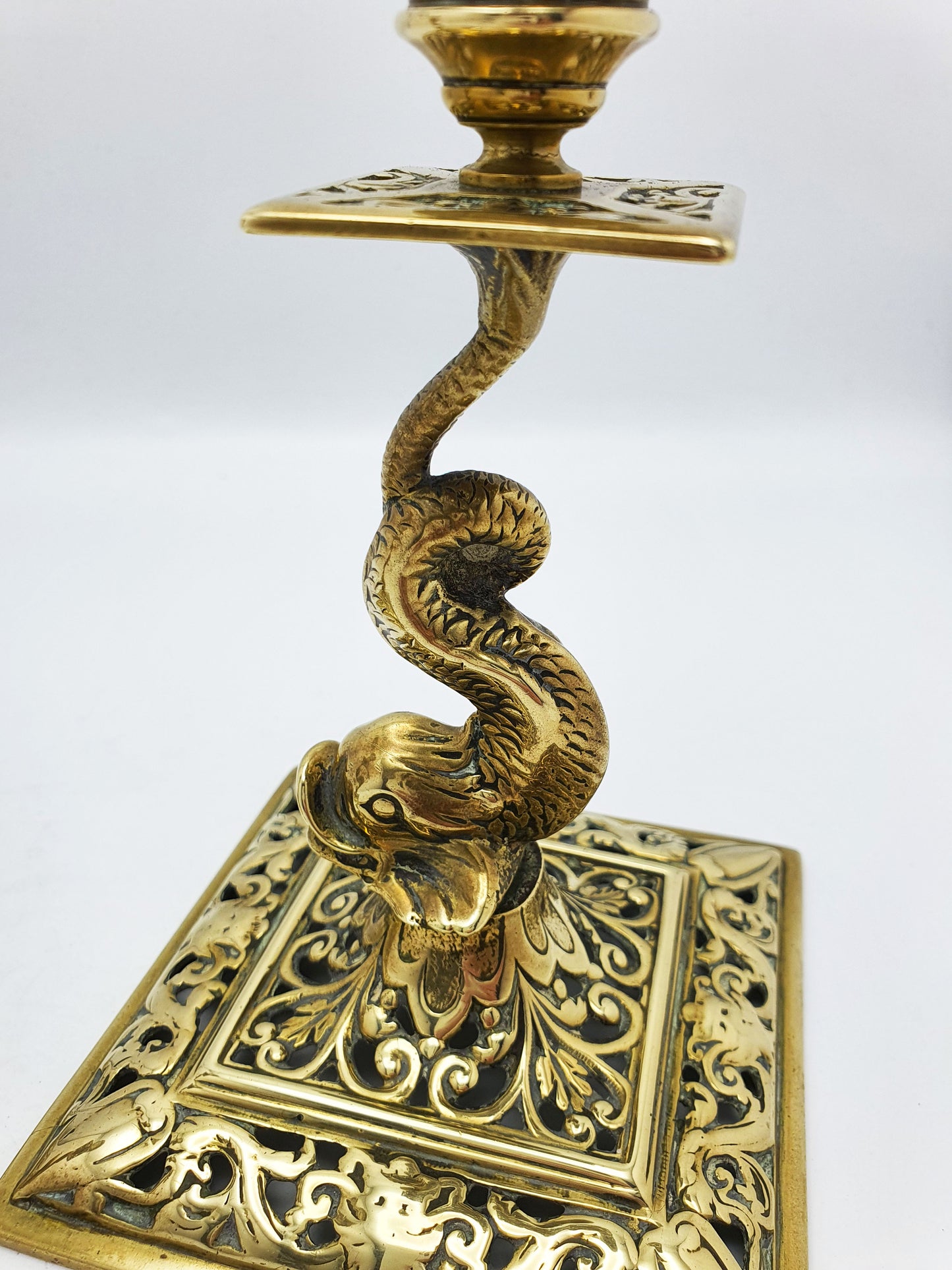 Nice Pair of Victorian Brass Dolphin Candlesticks - 1890