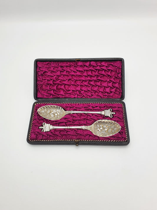 Lovely Pair of Antique Victorian Silver-Plate Diamond Jubilee Berry Spoons - 1897