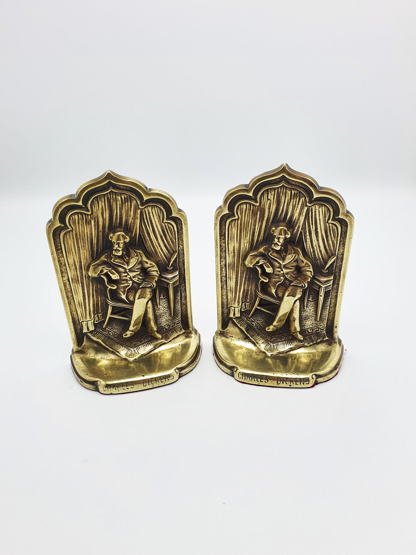 Nice Antique Solid Brass Charles Dickens Bookends – circa 1920