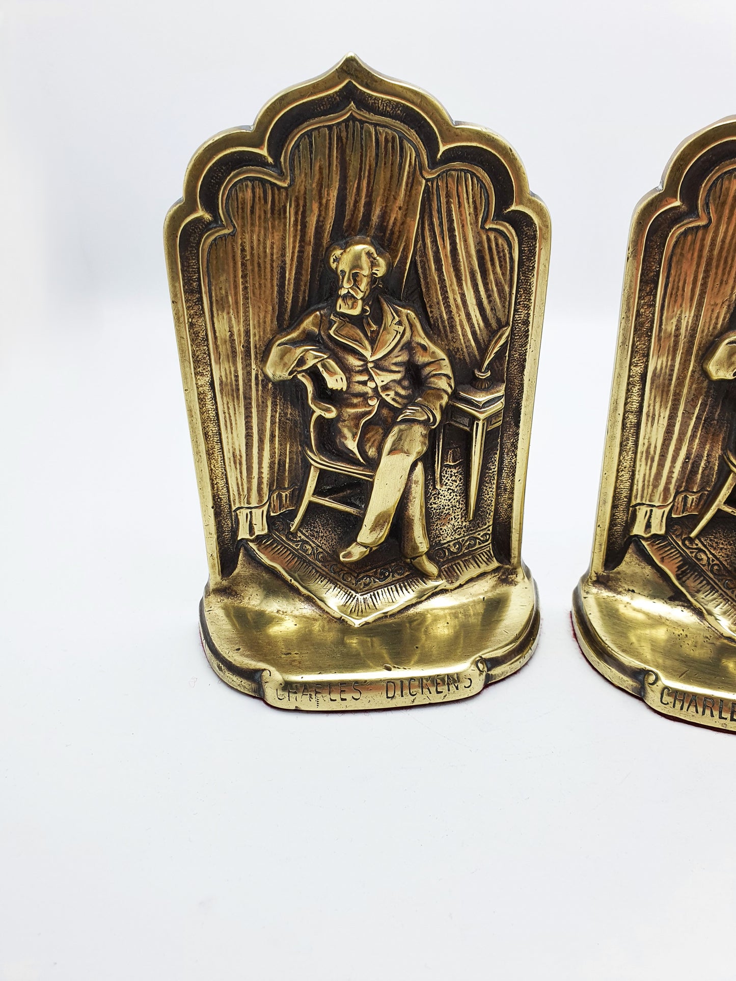 Nice Antique Solid Brass Charles Dickens Bookends – circa 1920