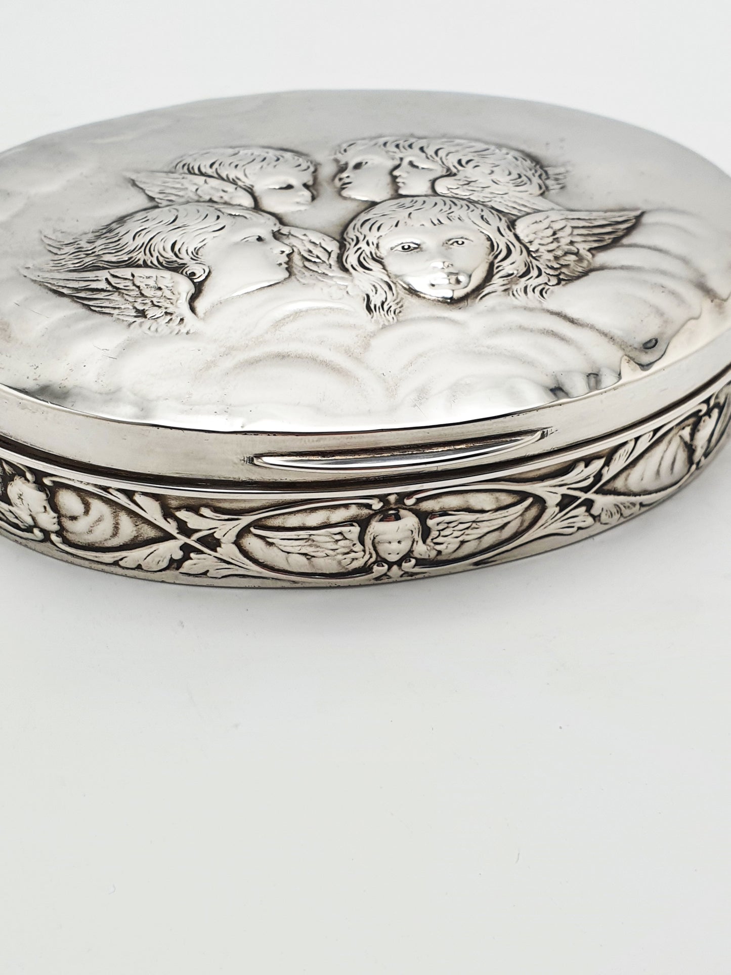 Fabulous Antique Solid Silver Oval Trinket Box with Cherub Relief - 1907