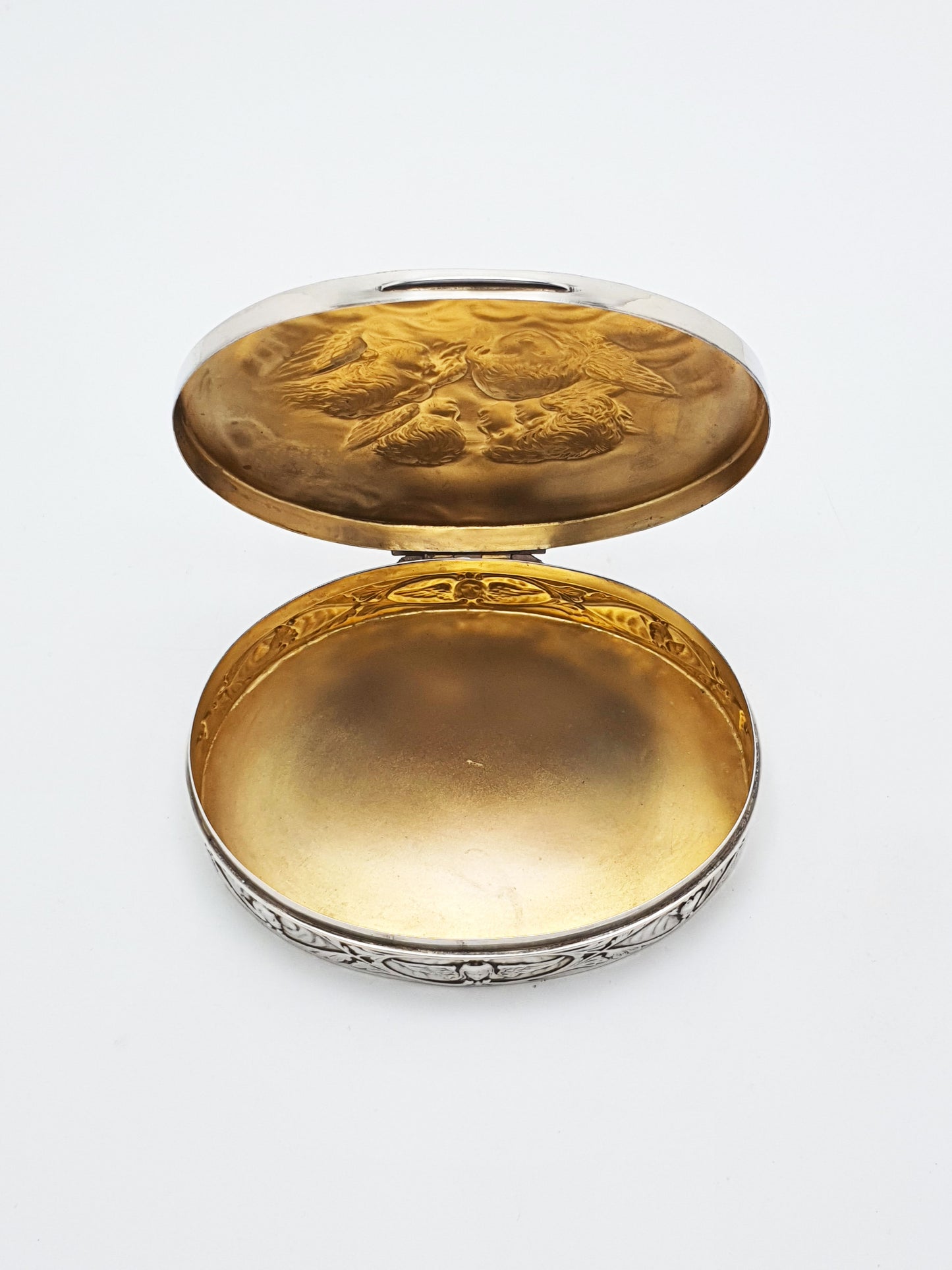 Fabulous Antique Solid Silver Oval Trinket Box with Cherub Relief - 1907