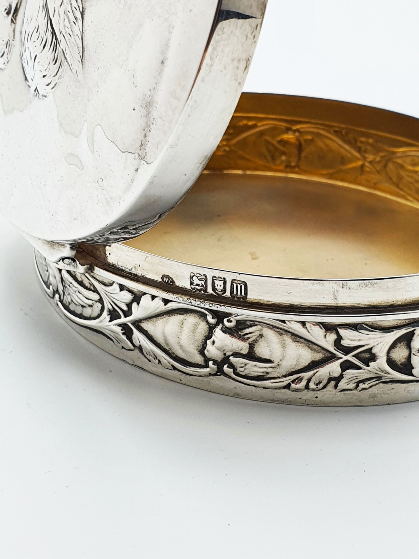 Fabulous Antique Solid Silver Oval Trinket Box with Cherub Relief - 1907