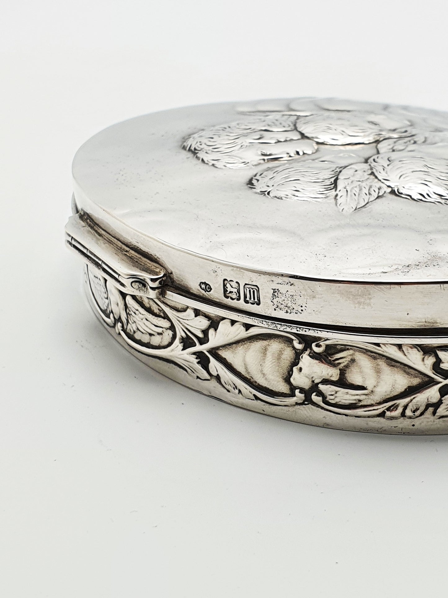 Fabulous Antique Solid Silver Oval Trinket Box with Cherub Relief - 1907