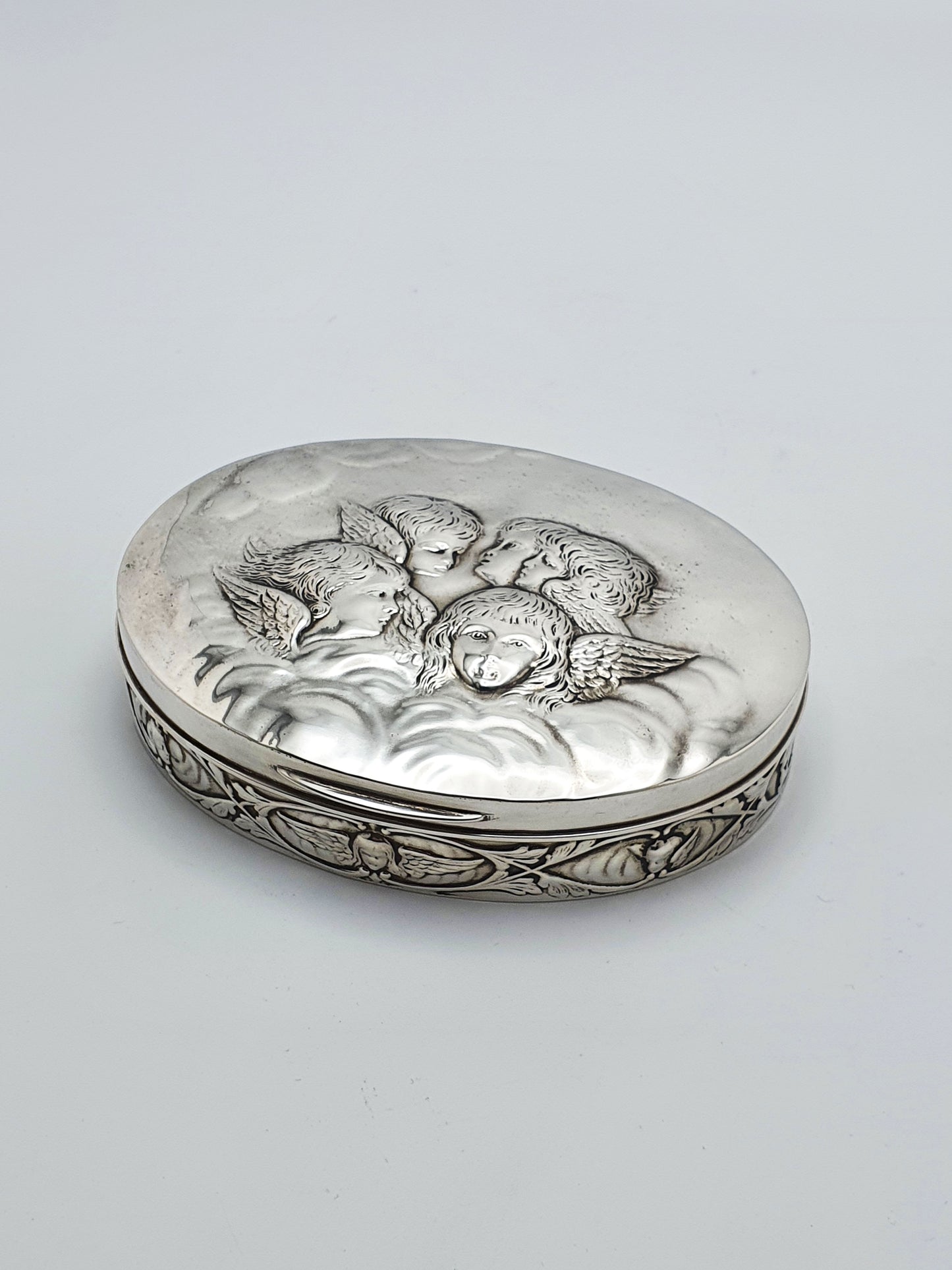 Fabulous Antique Solid Silver Oval Trinket Box with Cherub Relief - 1907