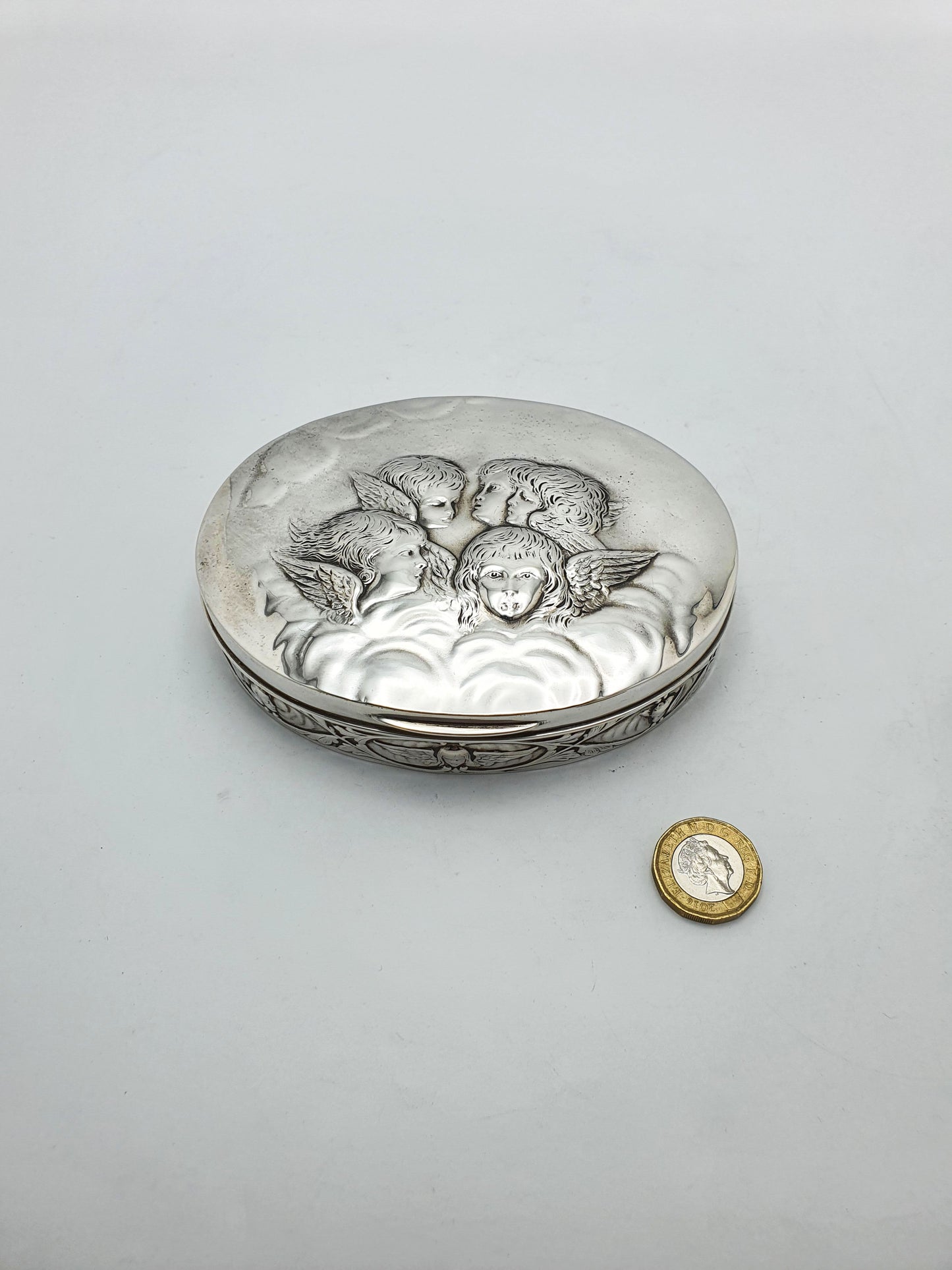 Fabulous Antique Solid Silver Oval Trinket Box with Cherub Relief - 1907