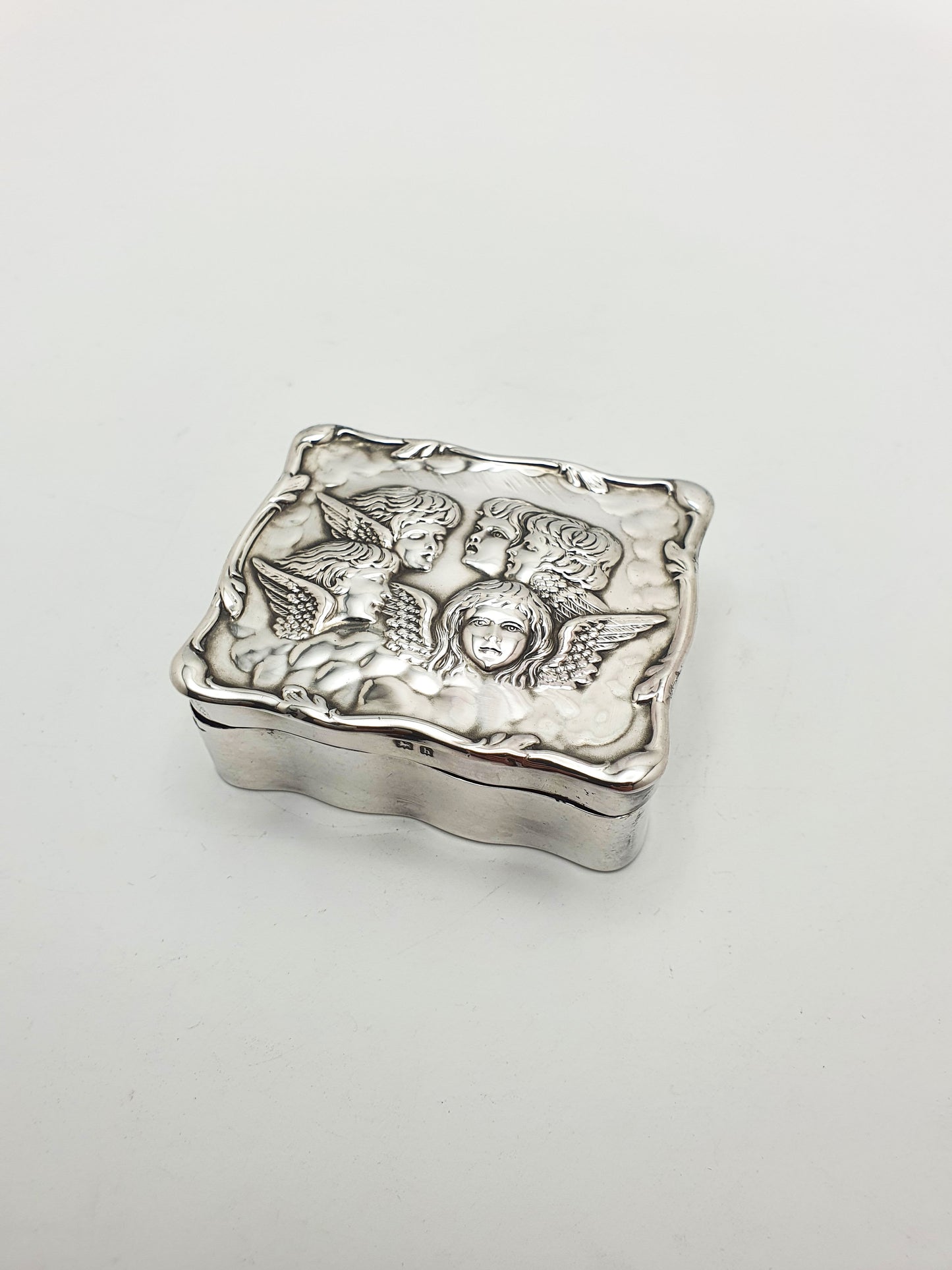 Gorgeous Antique Edwardian Silver Cherub Trinket Box with Velvet Interior - 1907