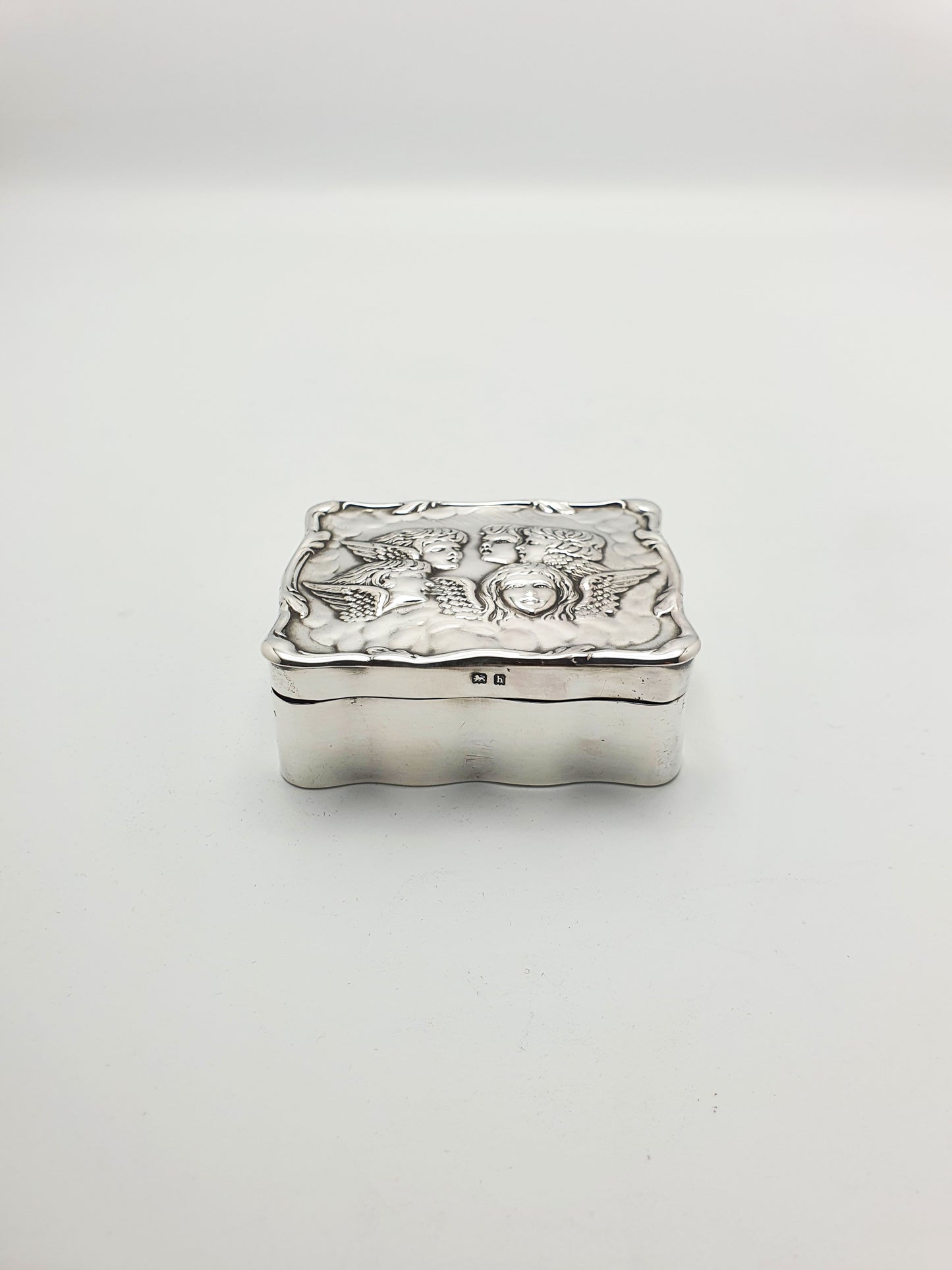 Gorgeous Antique Edwardian Silver Cherub Trinket Box with Velvet Interior - 1907
