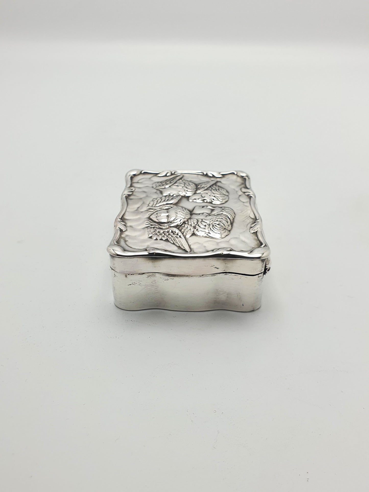 Gorgeous Antique Edwardian Silver Cherub Trinket Box with Velvet Interior - 1907