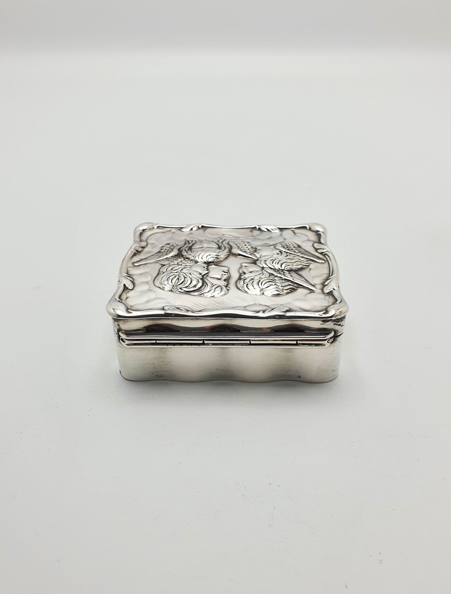 Gorgeous Antique Edwardian Silver Cherub Trinket Box with Velvet Interior - 1907