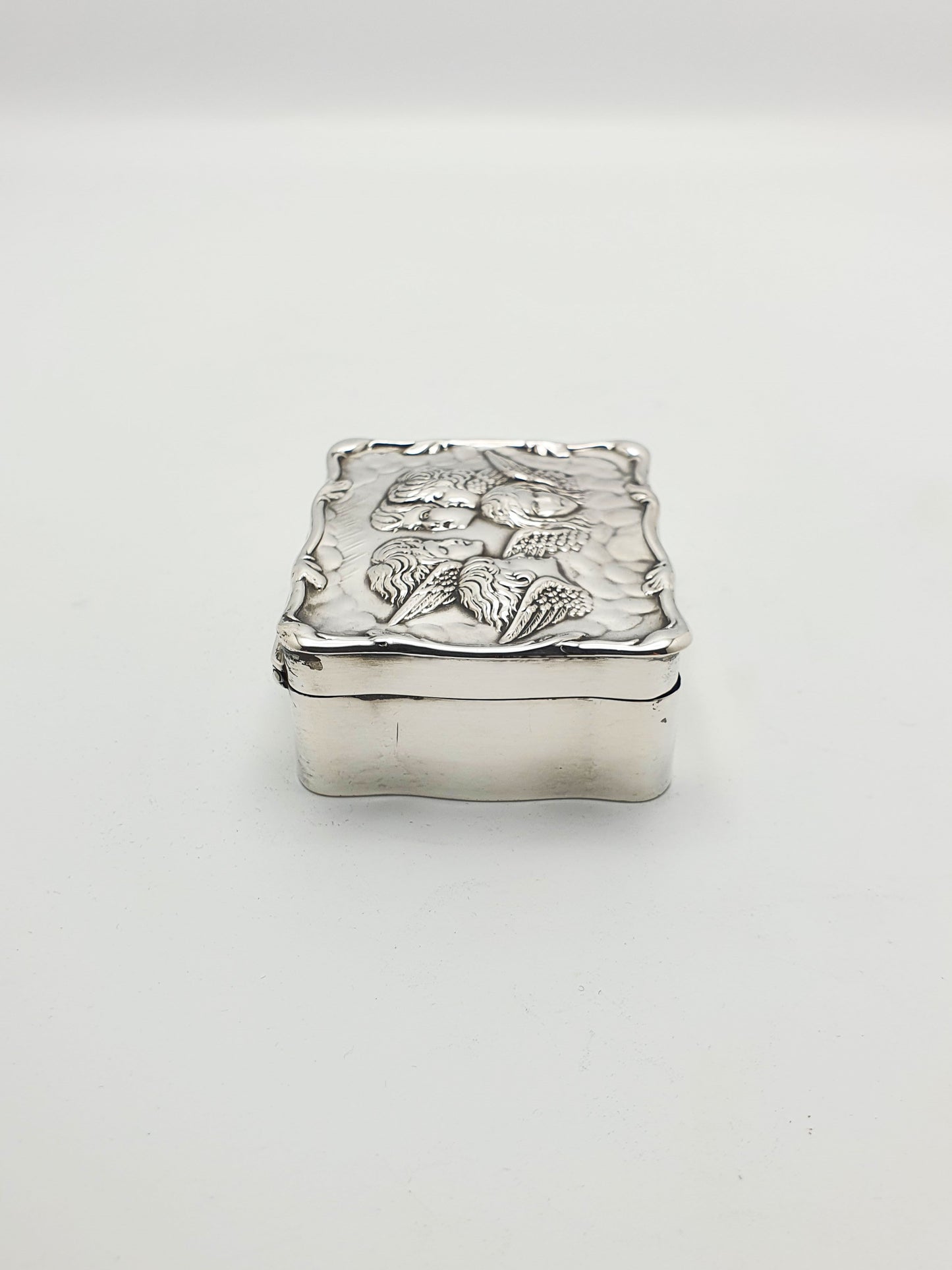 Gorgeous Antique Edwardian Silver Cherub Trinket Box with Velvet Interior - 1907