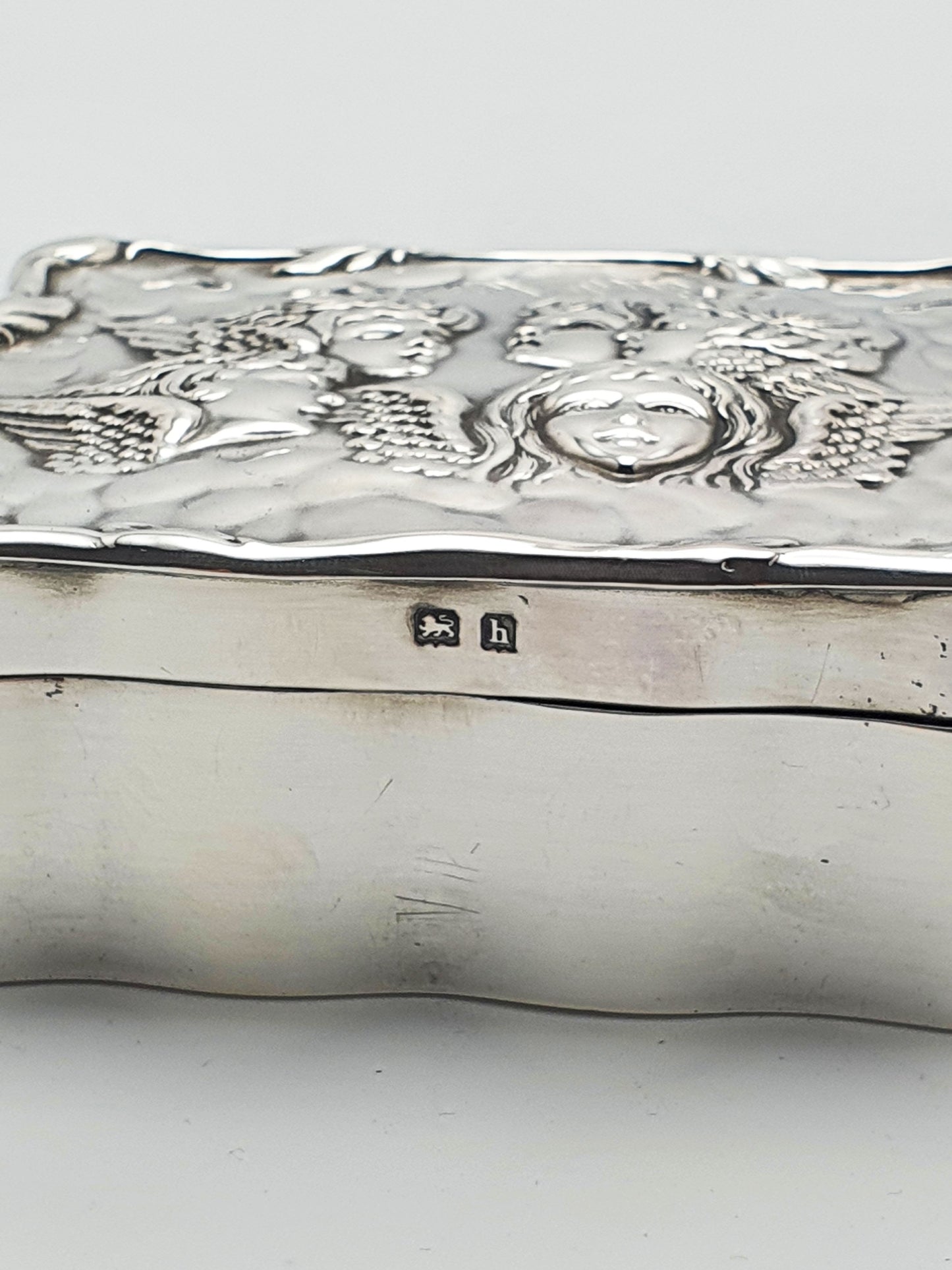 Gorgeous Antique Edwardian Silver Cherub Trinket Box with Velvet Interior - 1907