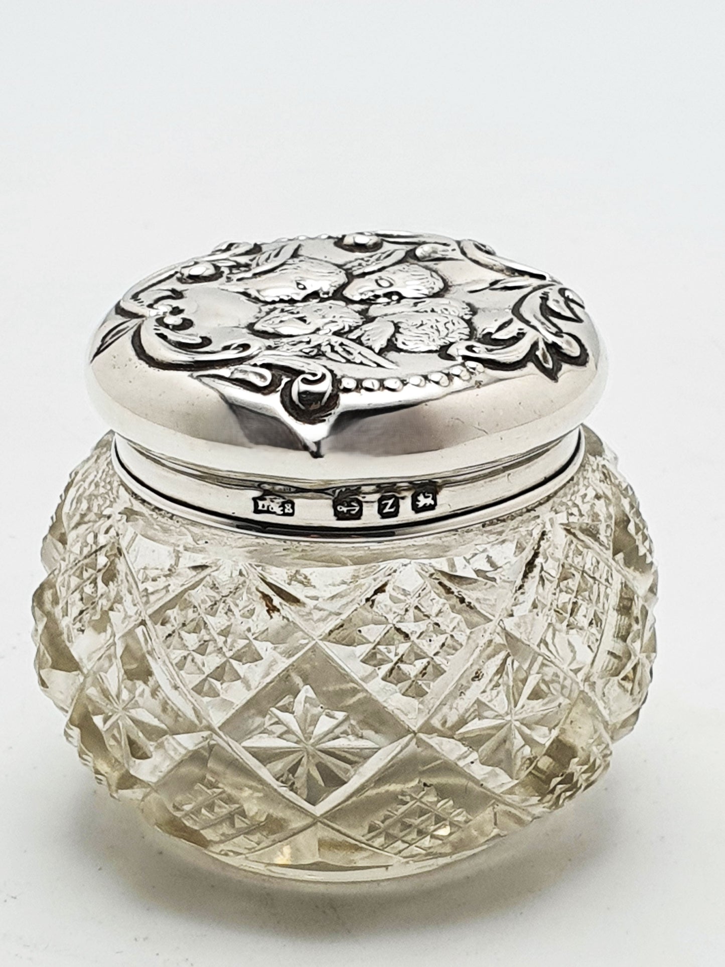 Antique Victorian Sterling Silver & Cut-Glass Cherub Lidded Dresser Jar - 1899