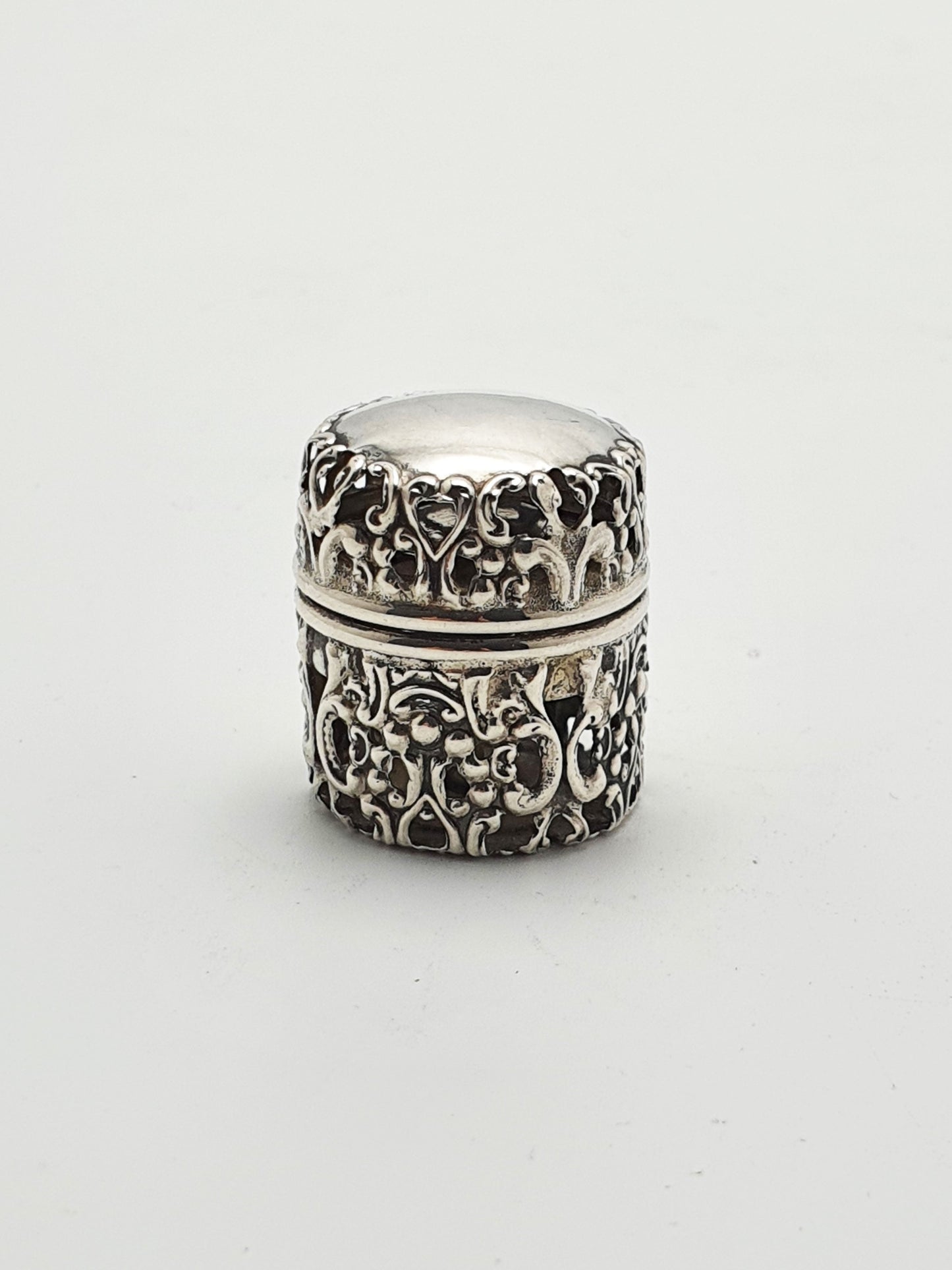 Lovely Antique Sterling Silver Cotton Holder with Pierced Floral Scrollwork – circa 1900