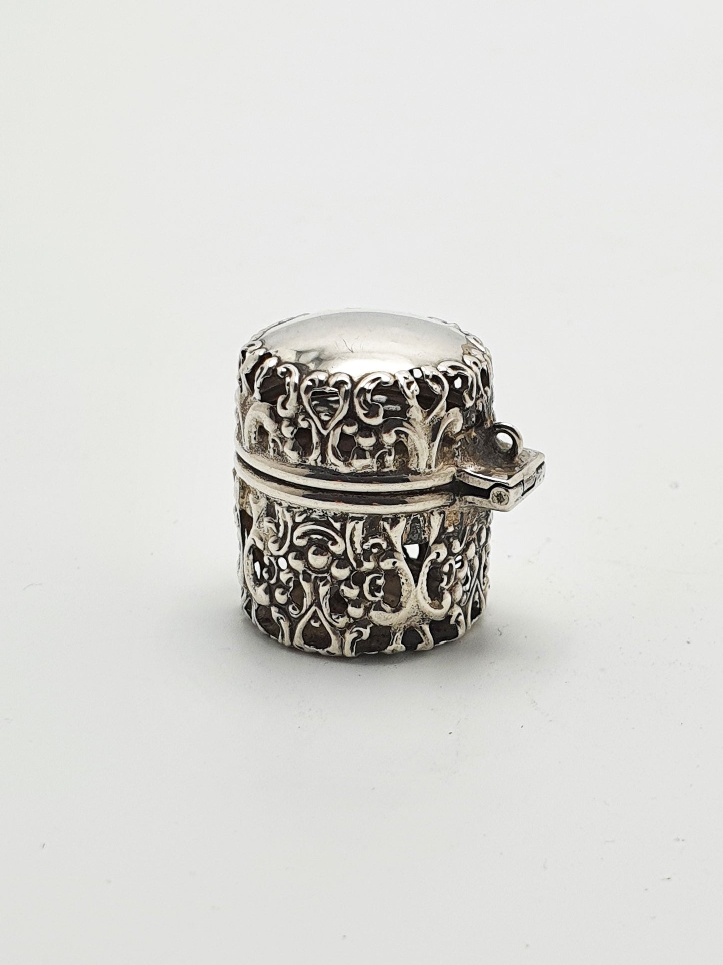 Lovely Antique Sterling Silver Cotton Holder with Pierced Floral Scrollwork – circa 1900