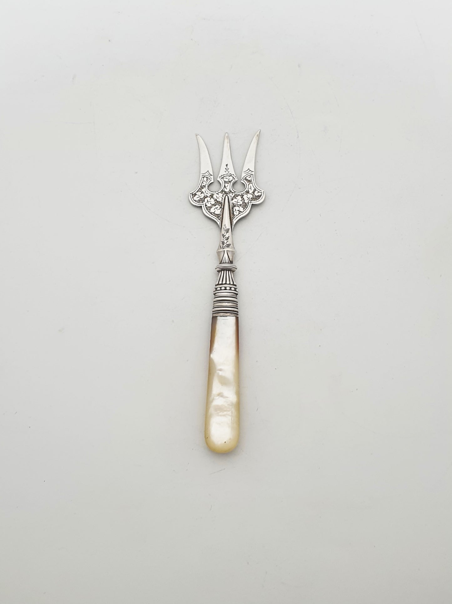 Ornate Antique Victorian Silver Serving Fork with Mother-of-Pearl Handle - 1894