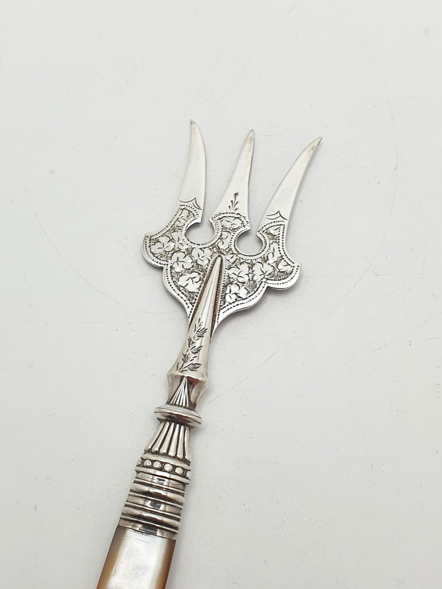 Ornate Antique Victorian Silver Serving Fork with Mother-of-Pearl Handle - 1894
