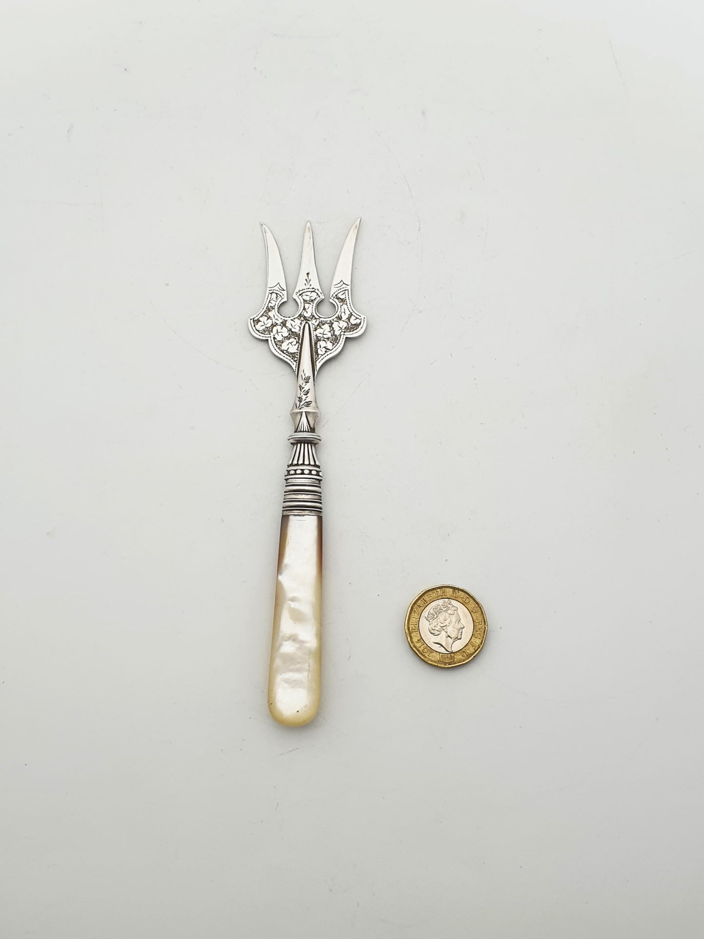 Ornate Antique Victorian Silver Serving Fork with Mother-of-Pearl Handle - 1894