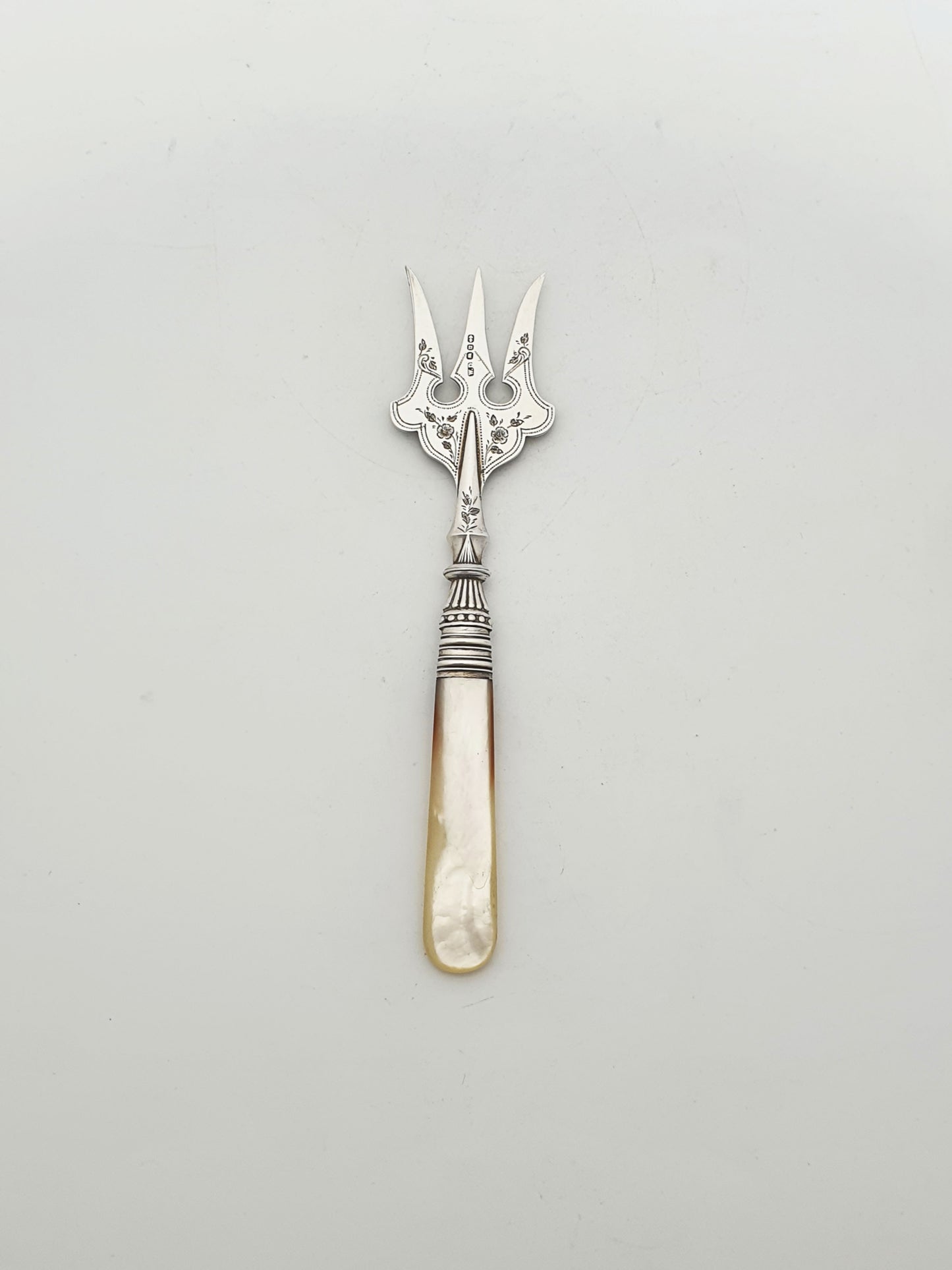 Ornate Antique Victorian Silver Serving Fork with Mother-of-Pearl Handle - 1894