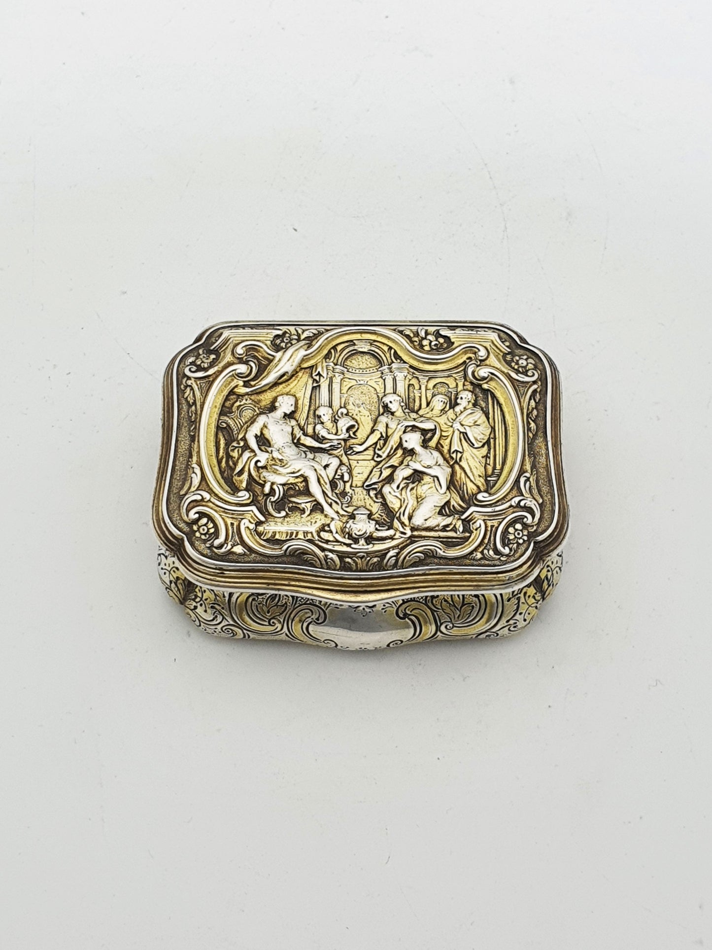 Fabulous Antique Sterling Silver & Gilt Snuff Box with Figural Rococo Scene - 1852