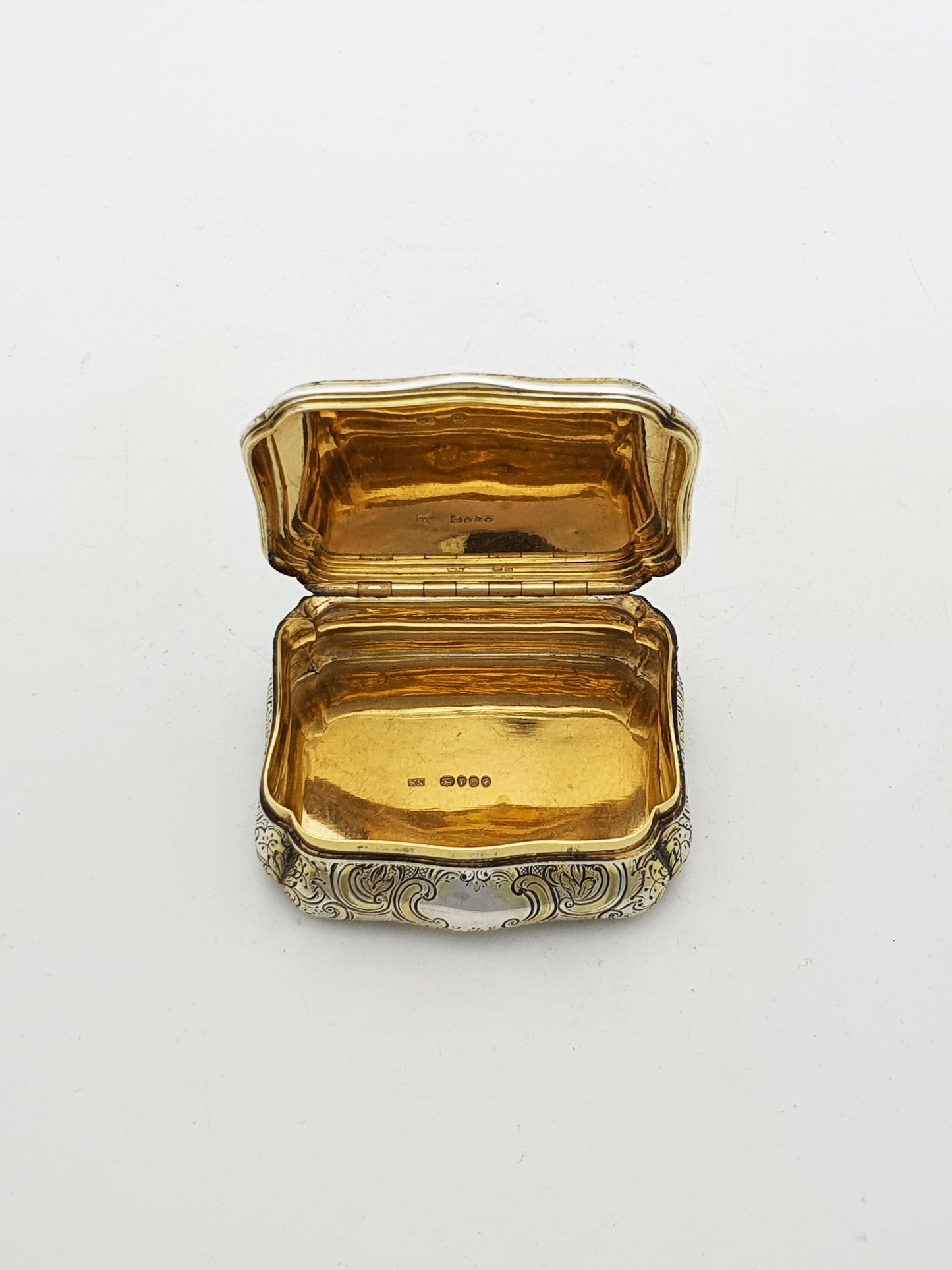 Fabulous Antique Sterling Silver & Gilt Snuff Box with Figural Rococo Scene - 1852