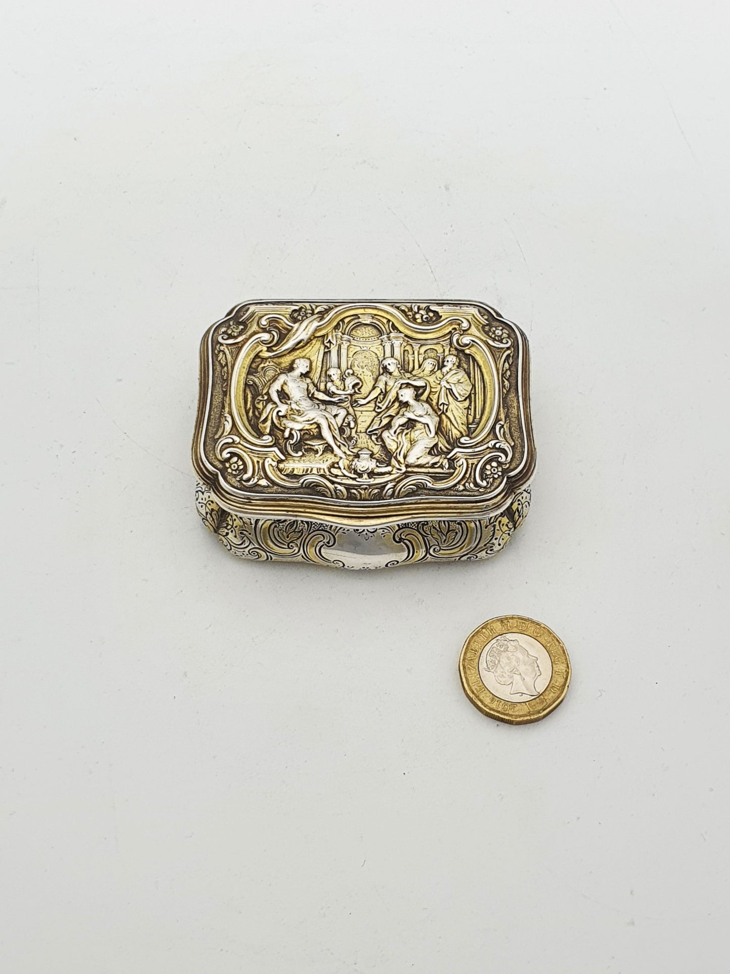 Fabulous Antique Sterling Silver & Gilt Snuff Box with Figural Rococo Scene - 1852