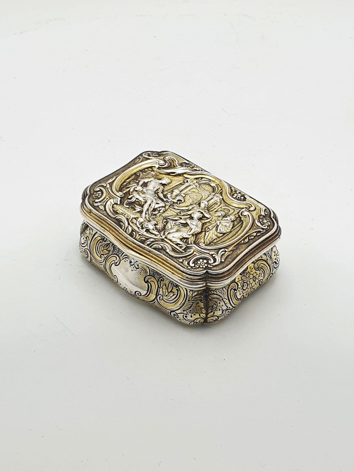 Fabulous Antique Sterling Silver & Gilt Snuff Box with Figural Rococo Scene - 1852
