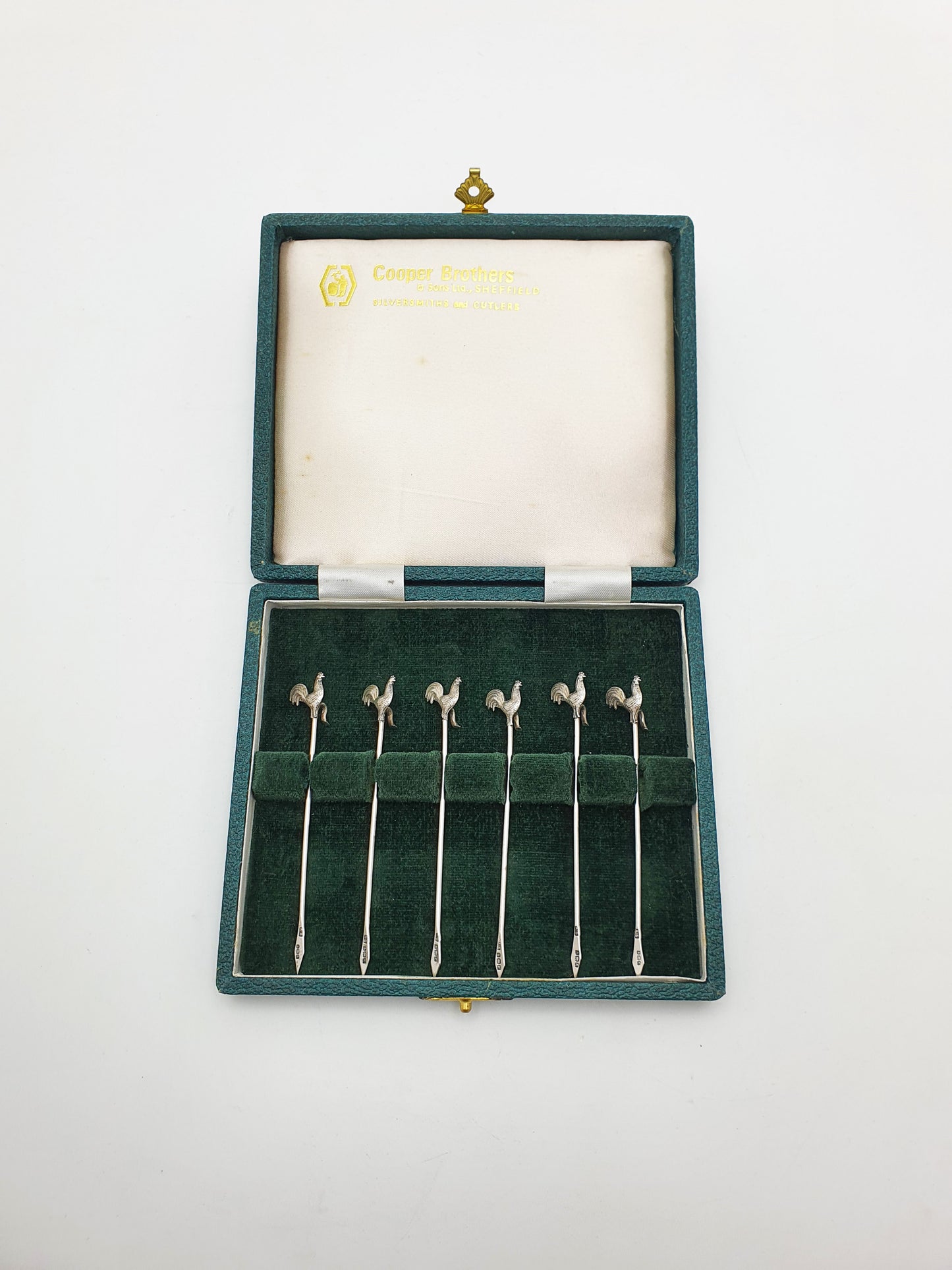 Nice Set of 6 Art Deco Sterling Silver Cocktail Sticks featuring Cockerel Finials – 1929