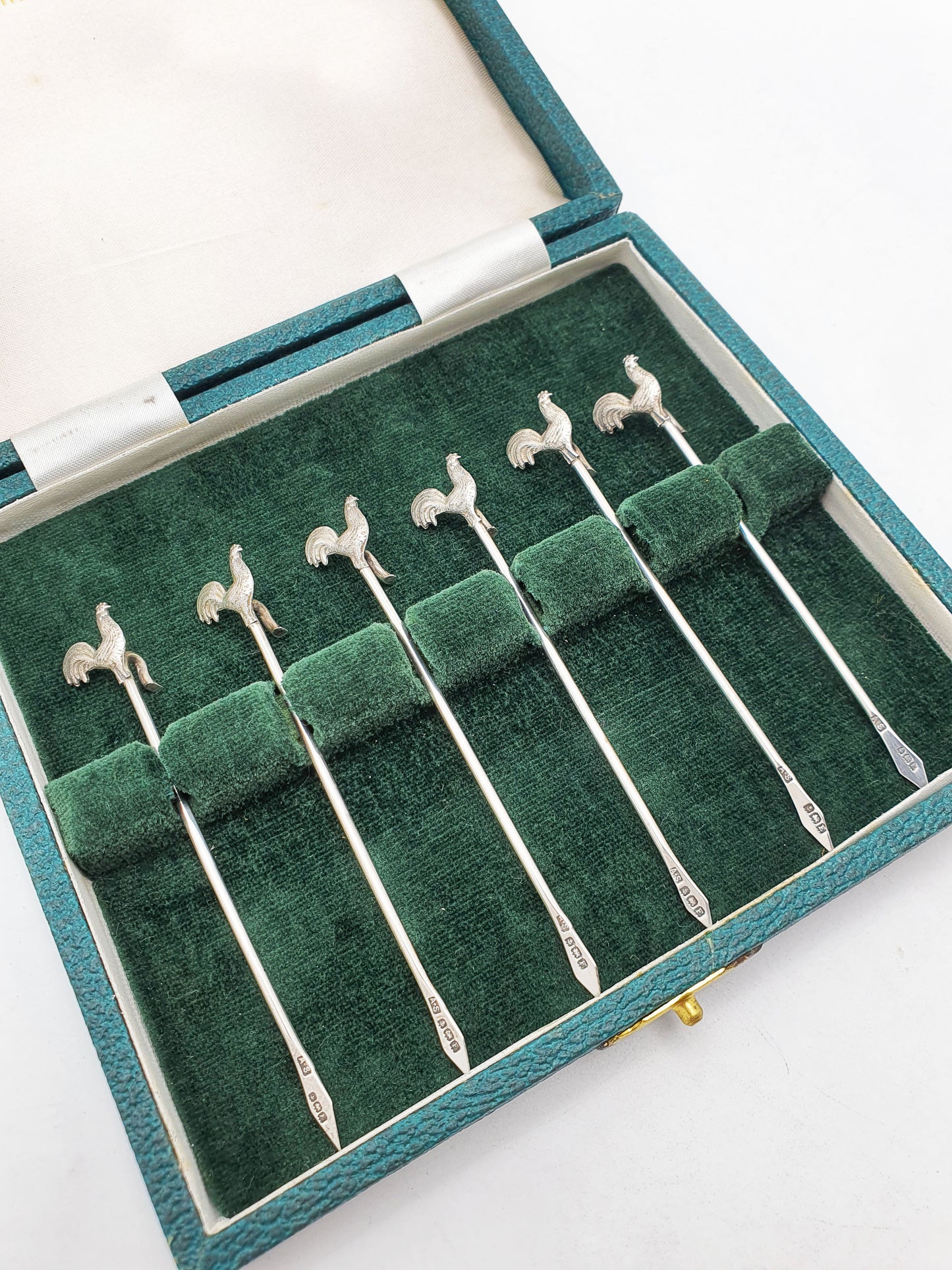 Nice Set of 6 Art Deco Sterling Silver Cocktail Sticks featuring Cockerel Finials – 1929