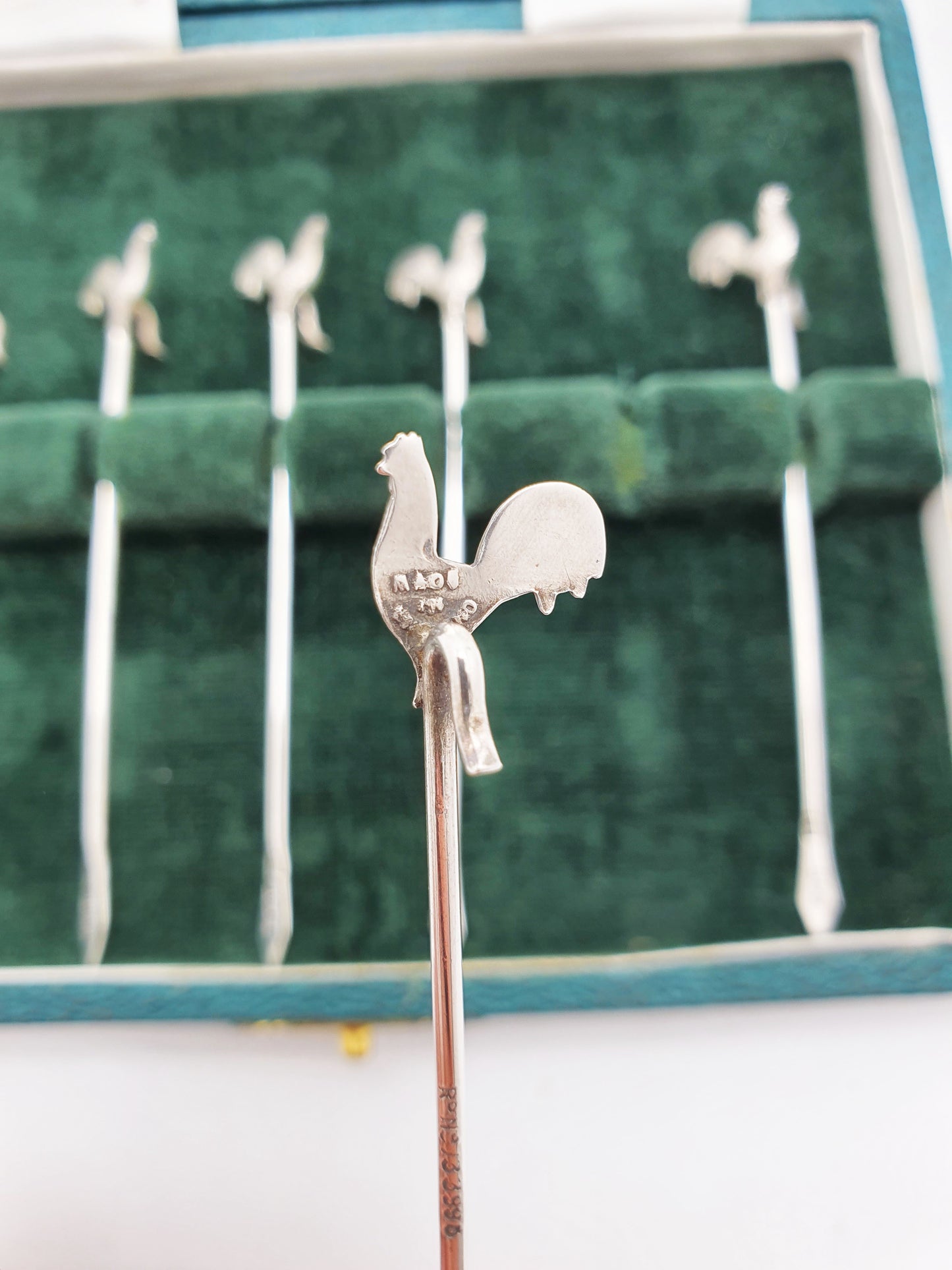 Nice Set of 6 Art Deco Sterling Silver Cocktail Sticks featuring Cockerel Finials – 1929