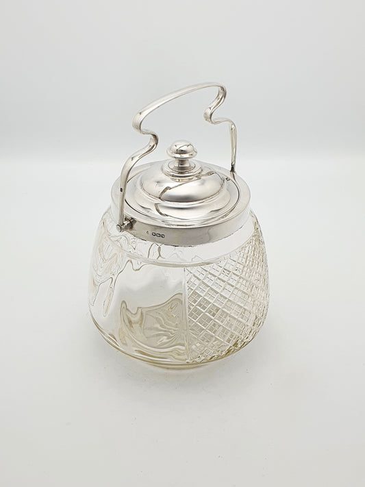 Gorgeous Antique Silver-Topped Glass Cookie Jar/Biscuit Barrel - 1923