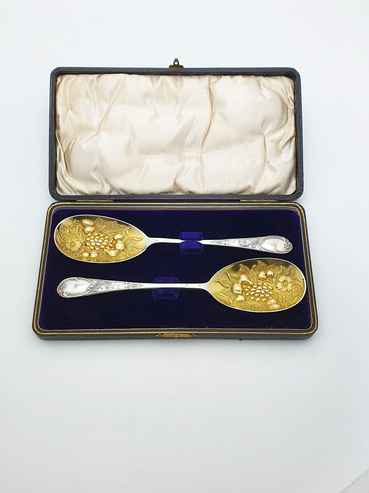 Pretty Pair of Antique Silver-Plate & Gilt Berry Spoons in Case – circa 1920