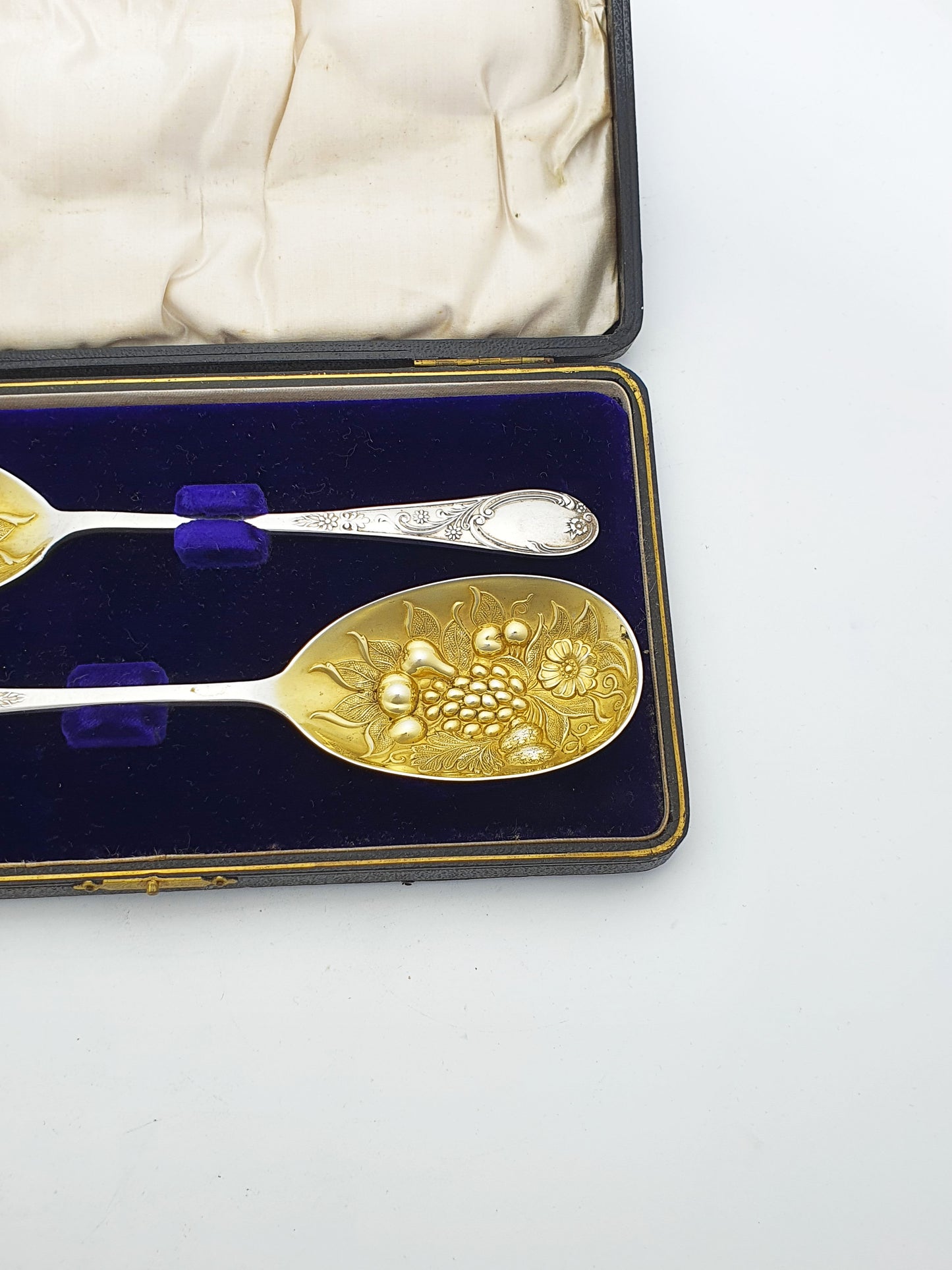 Pretty Pair of Antique Silver-Plate & Gilt Berry Spoons in Case – circa 1920