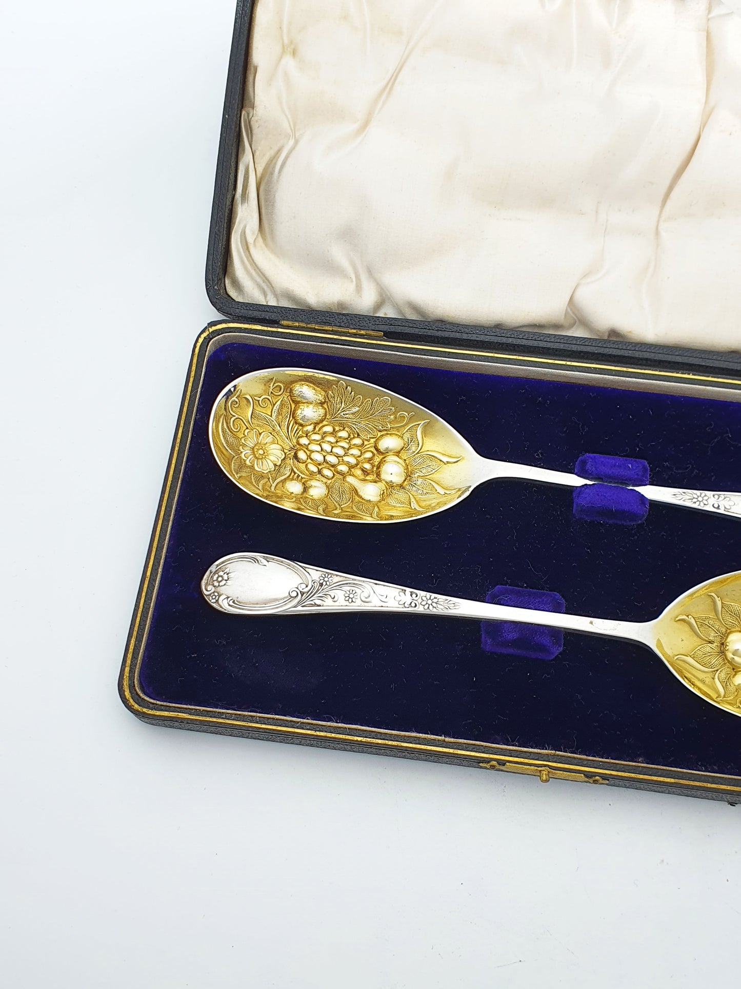 Pretty Pair of Antique Silver-Plate & Gilt Berry Spoons in Case – circa 1920