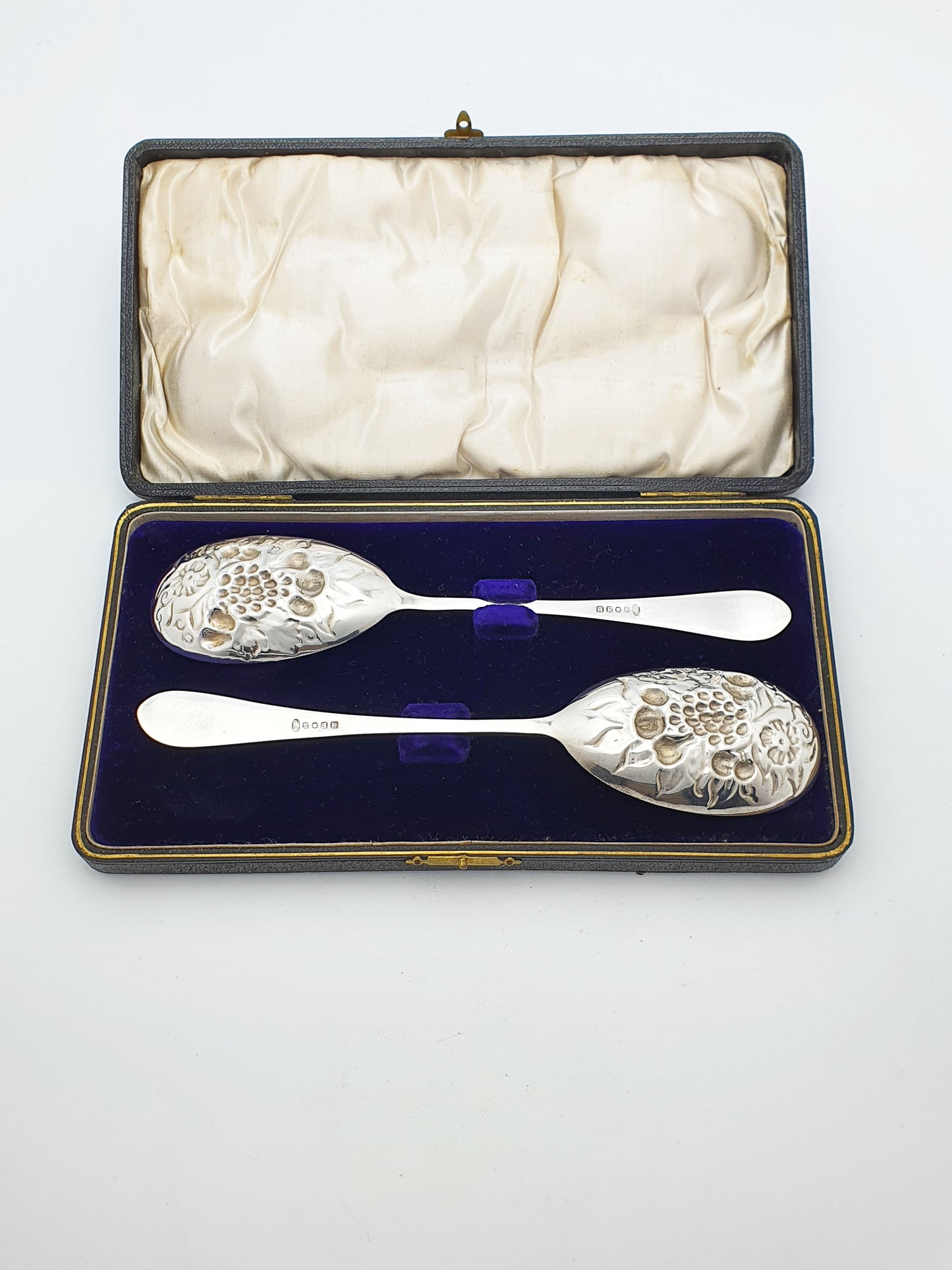 Pretty Pair of Antique Silver-Plate & Gilt Berry Spoons in Case – circa 1920
