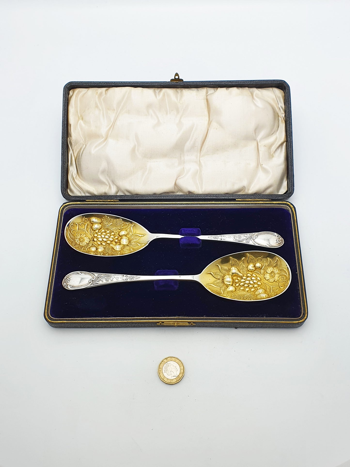 Pretty Pair of Antique Silver-Plate & Gilt Berry Spoons in Case – circa 1920