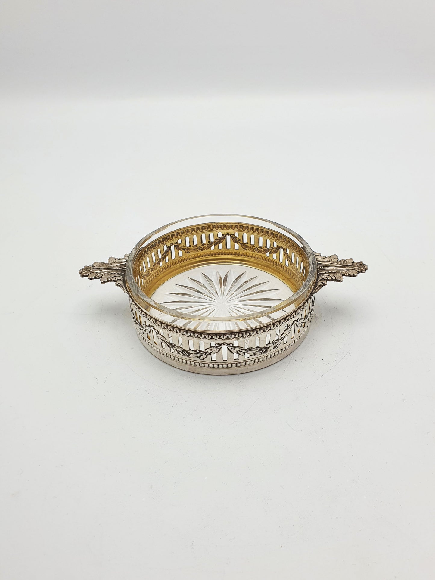 Lovely Antique French Silver & Cut-Glass Butter Dish with Ornate Handles – circa 1920