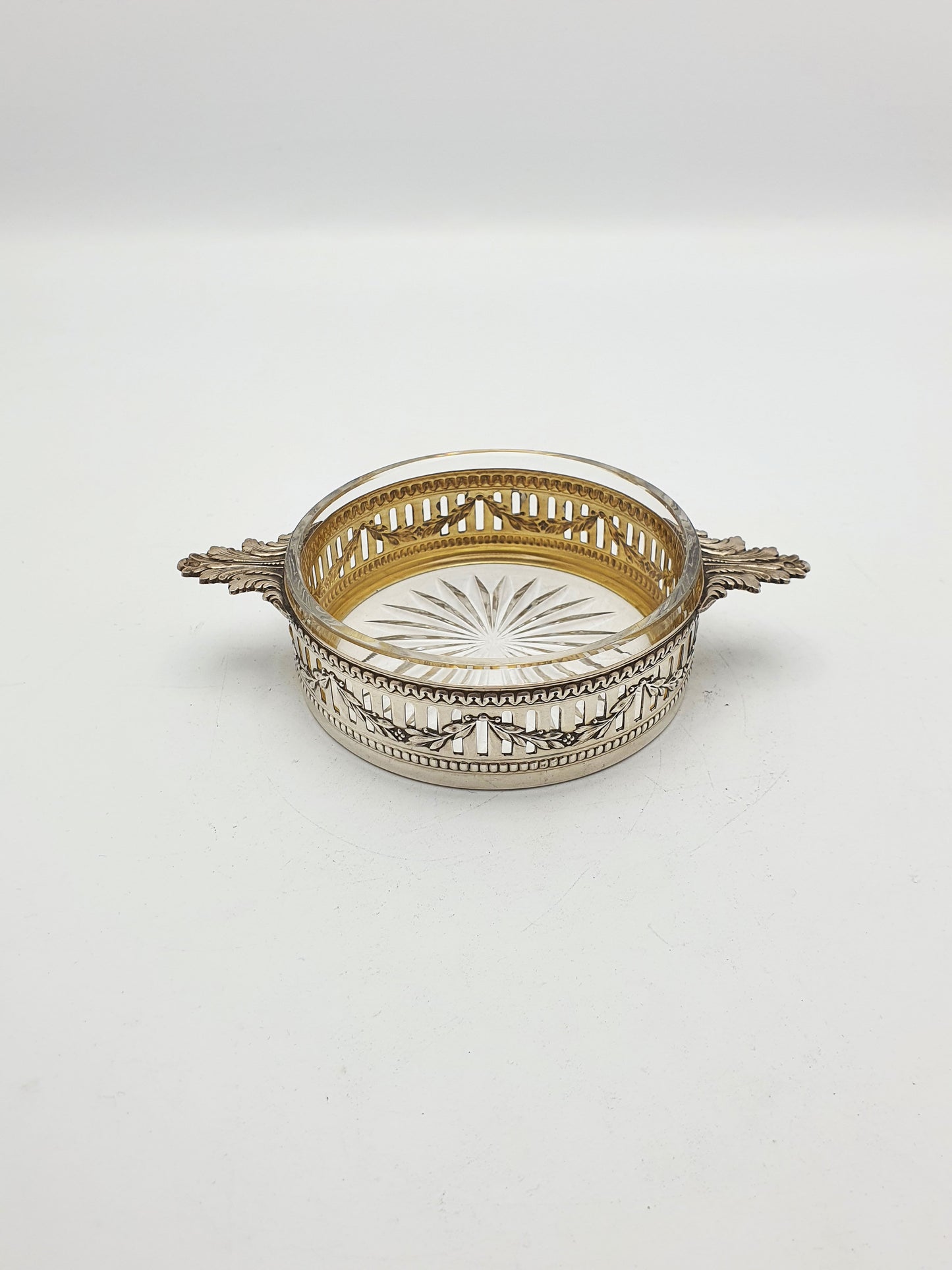 Lovely Antique French Silver & Cut-Glass Butter Dish with Ornate Handles – circa 1920