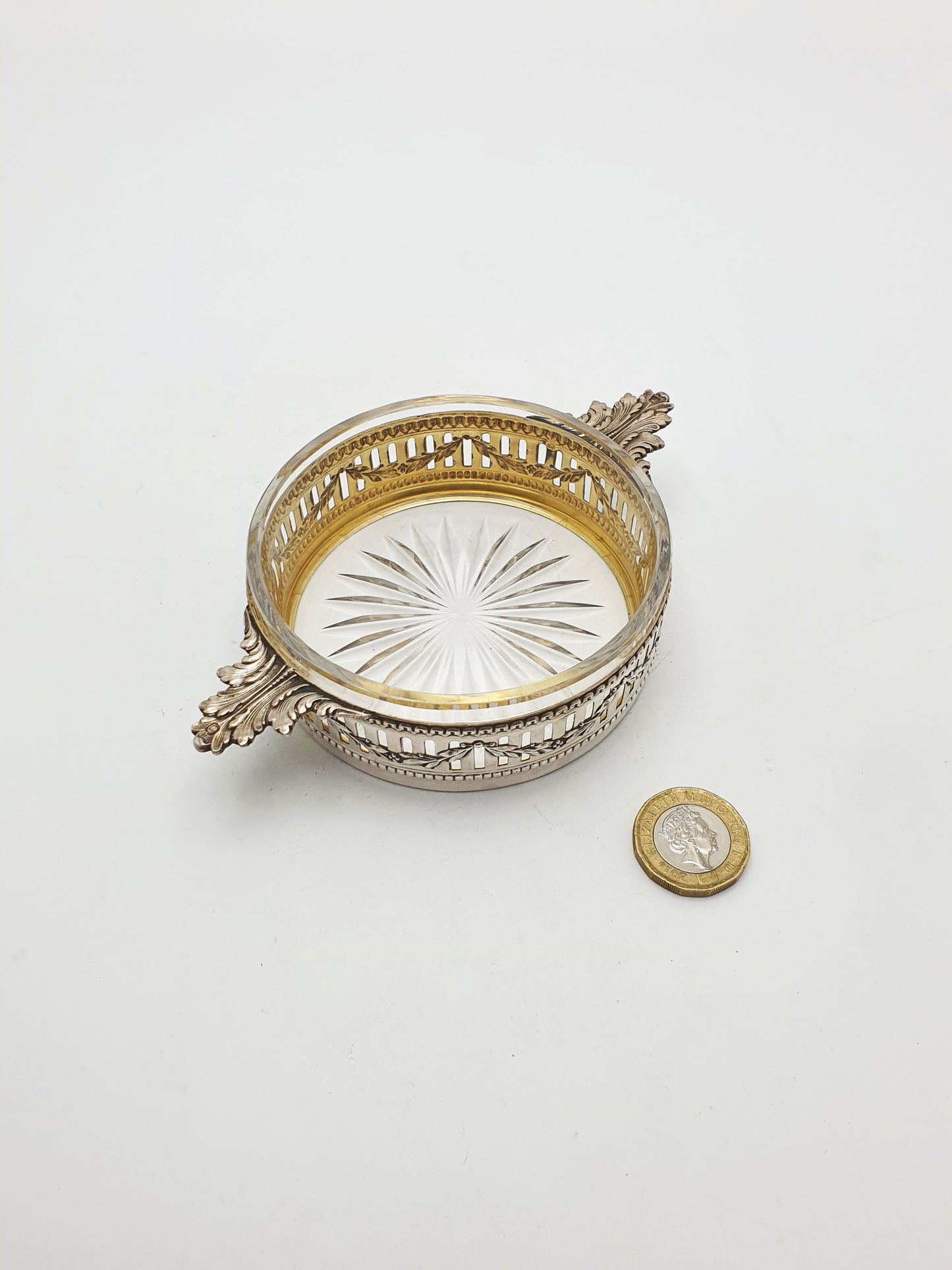 Lovely Antique French Silver & Cut-Glass Butter Dish with Ornate Handles – circa 1920