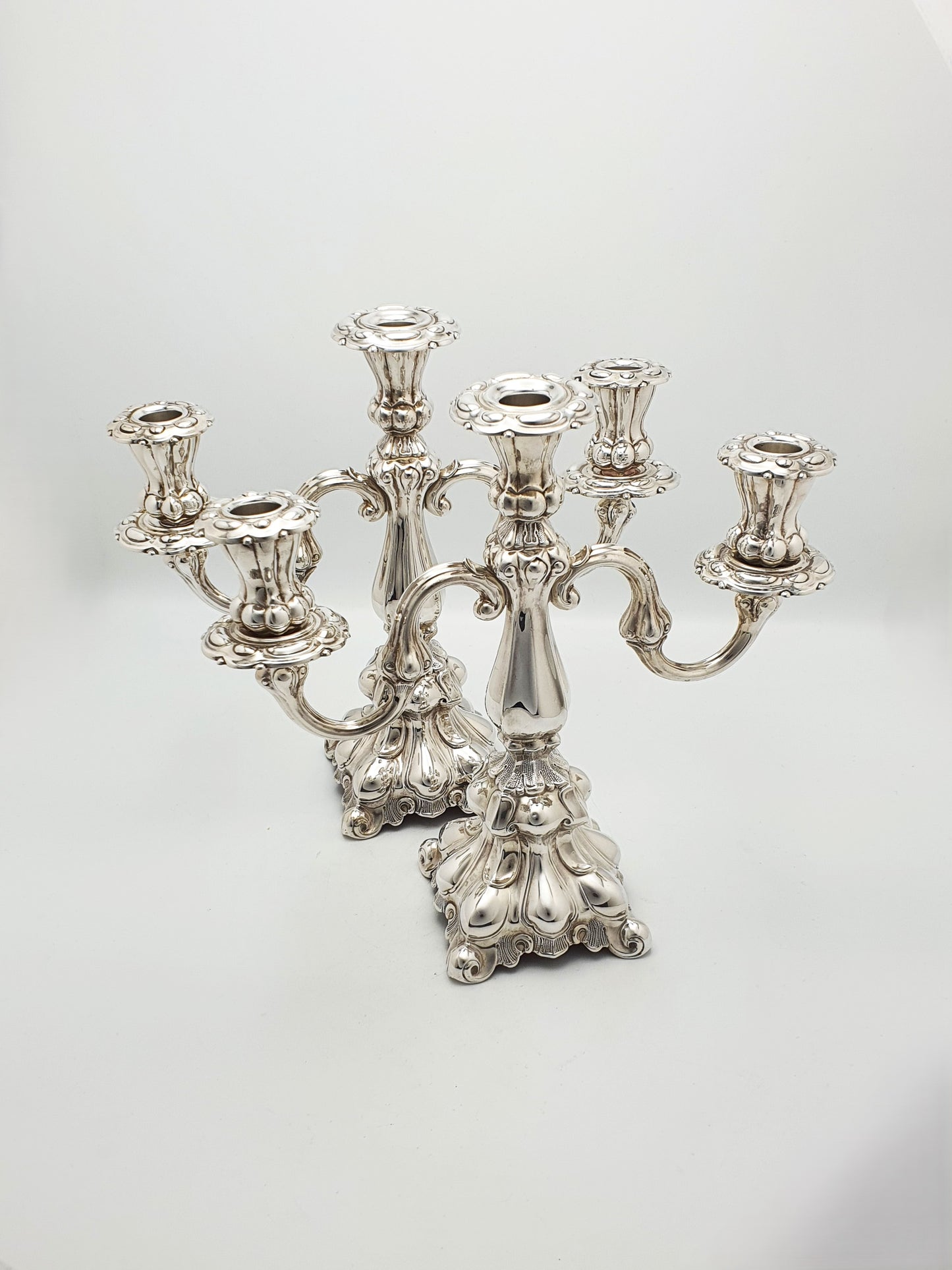 Lovely Pair of Ornate Italian Rococo Revival Style Silver-Plated Candelabra – circa 1920