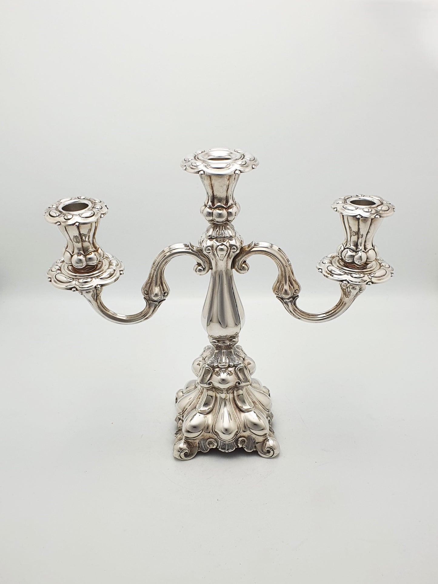 Lovely Pair of Ornate Italian Rococo Revival Style Silver-Plated Candelabra – circa 1920