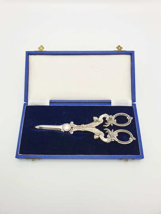 Ornate Antique Edwardian Silver-Plated Grape Scissors with Cherub Motifs – circa 1905