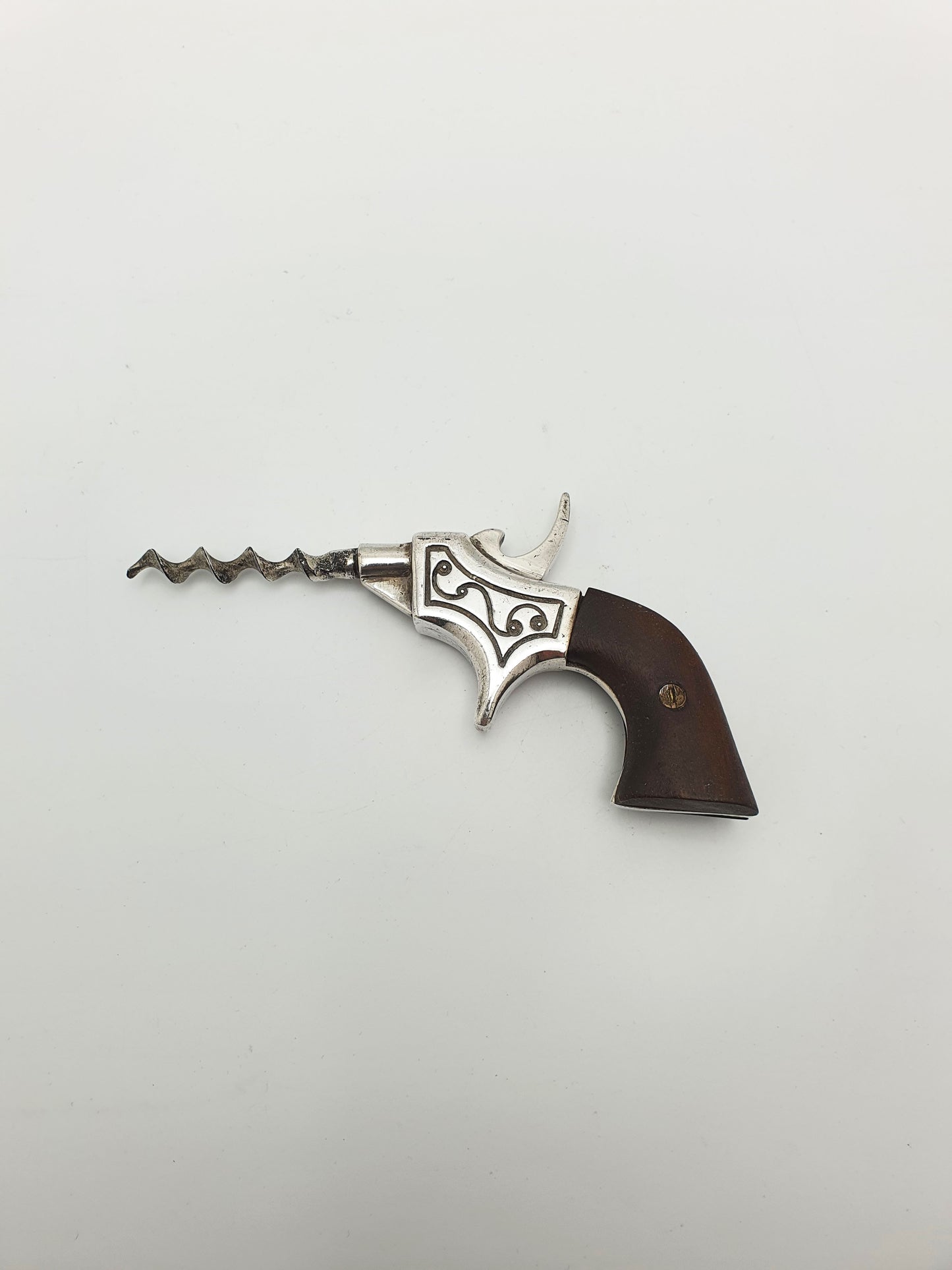 Unusual Antique Revolver-Style Corkscrew with Wooden Handle – circa 1900
