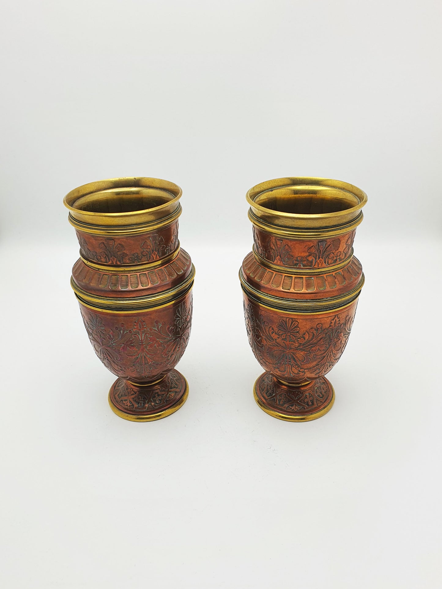 Gorgeous Pair of Antique French Copper & Brass Urns with Chased Floral Decoration – circa 1900