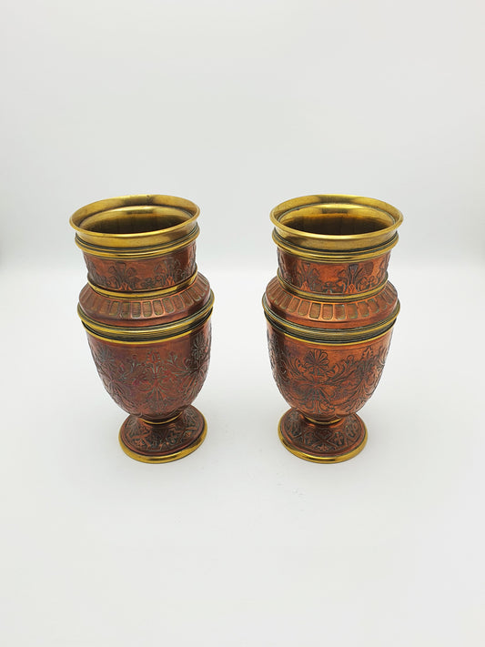 Gorgeous Pair of Antique French Copper & Brass Urns with Chased Floral Decoration – circa 1900