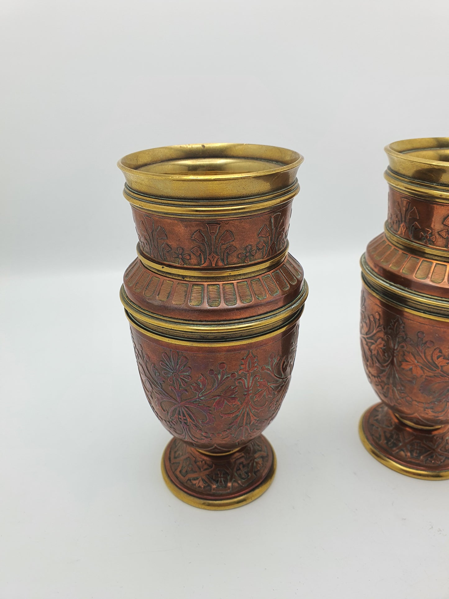 Gorgeous Pair of Antique French Copper & Brass Urns with Chased Floral Decoration – circa 1900