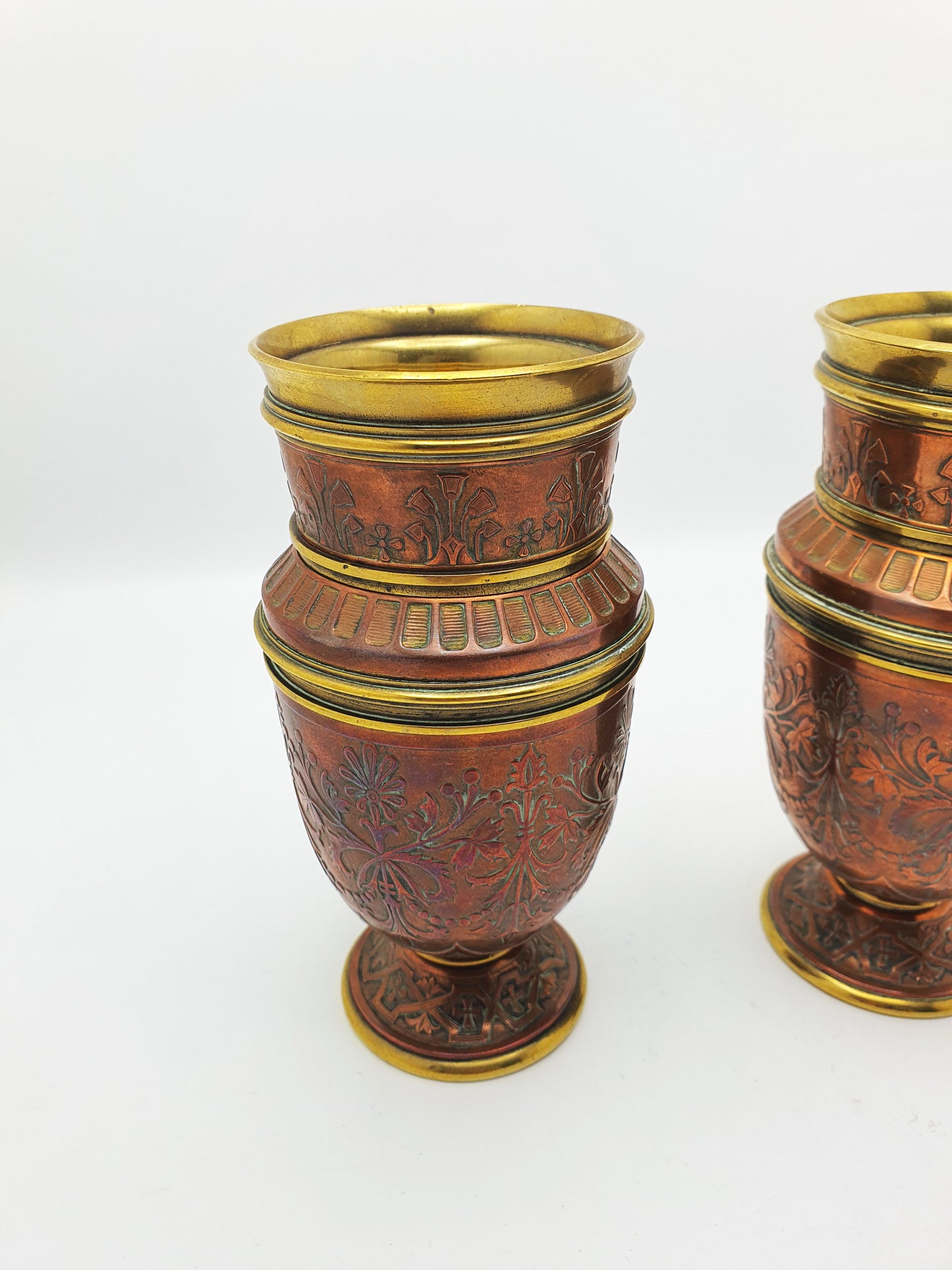 Gorgeous Pair of Antique French Copper & Brass Urns with Chased Floral Decoration – circa 1900