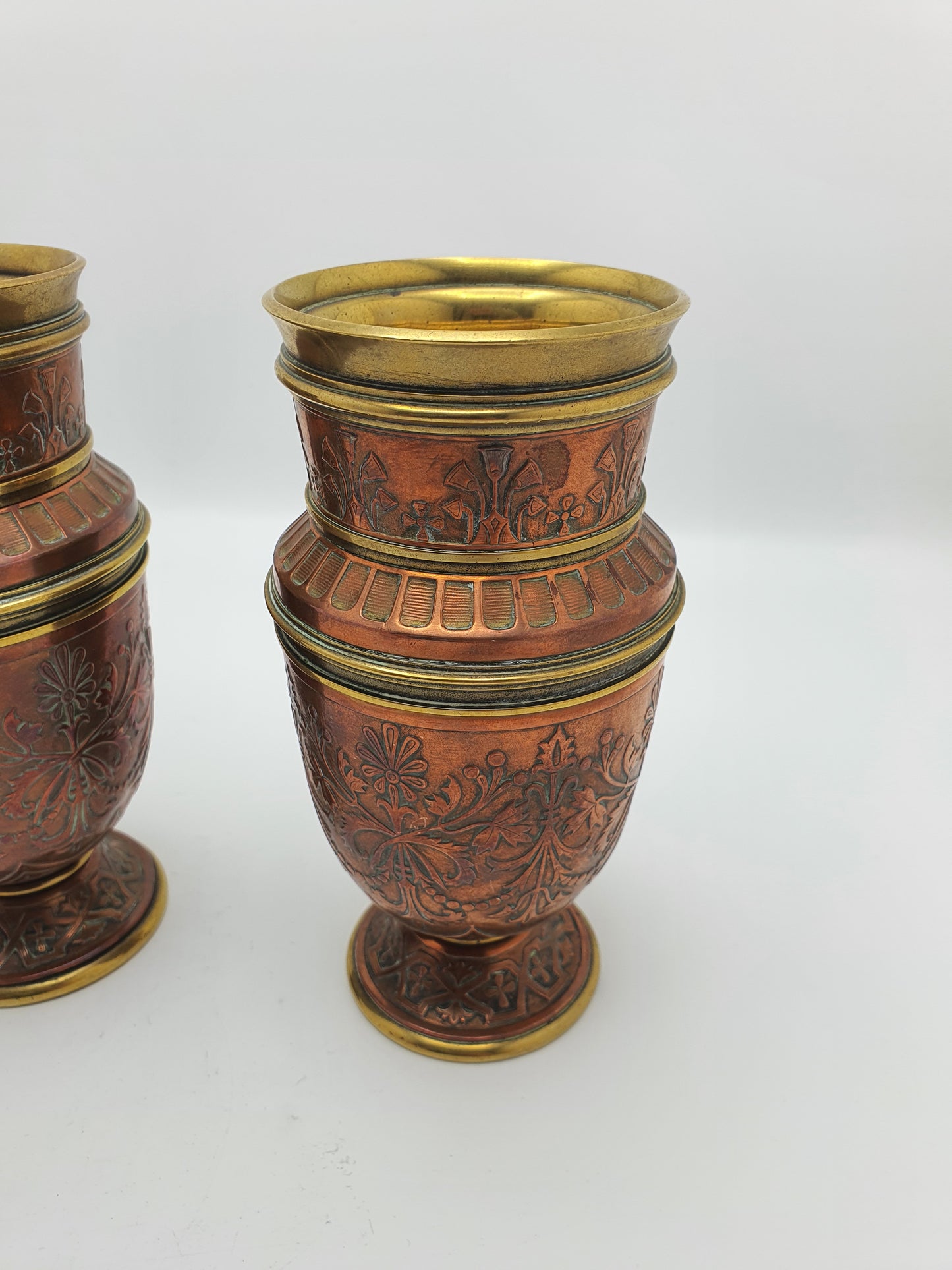 Gorgeous Pair of Antique French Copper & Brass Urns with Chased Floral Decoration – circa 1900